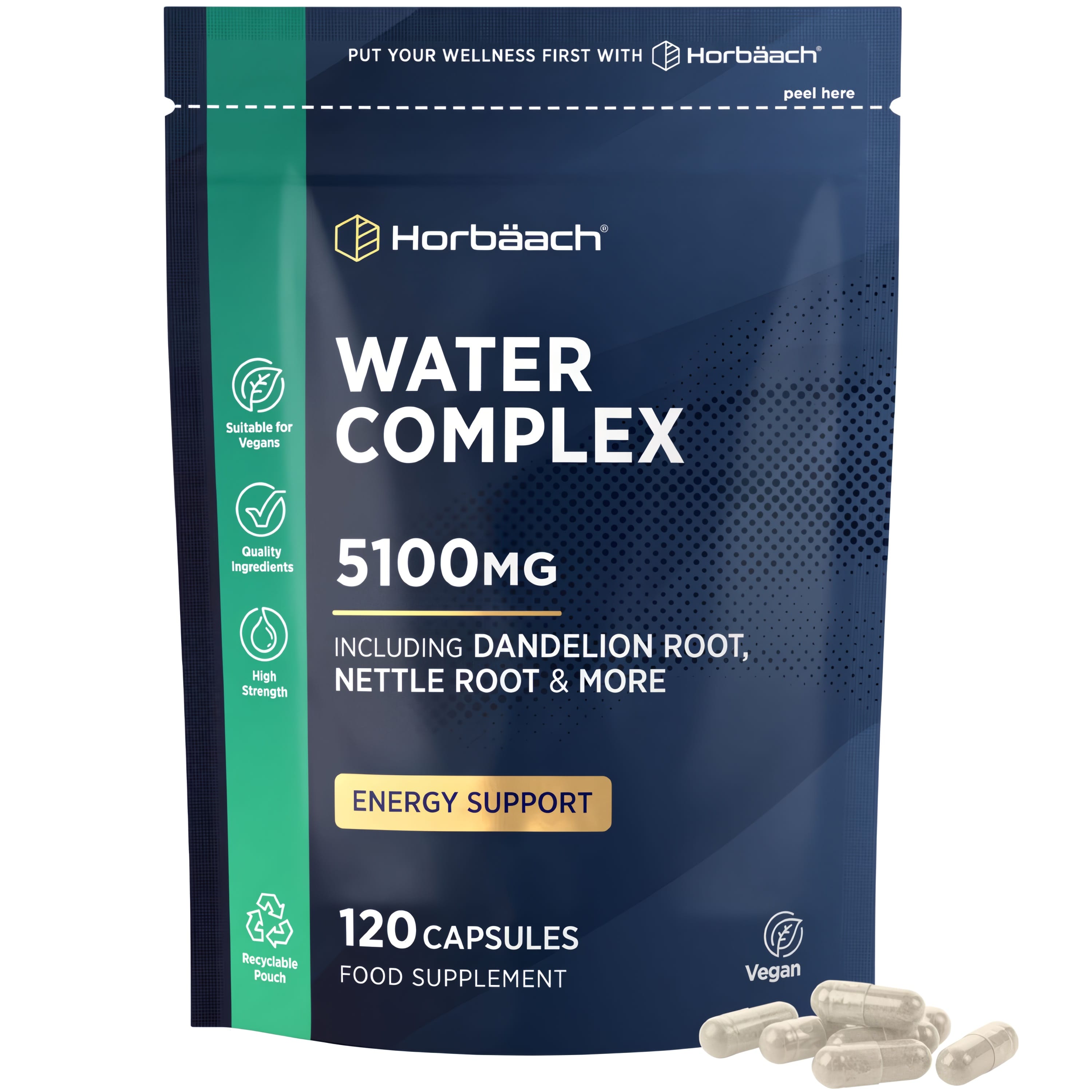 Horbäach Water Complex 5100MG supplement, 120 vegan capsules, in a recyclable pouch.