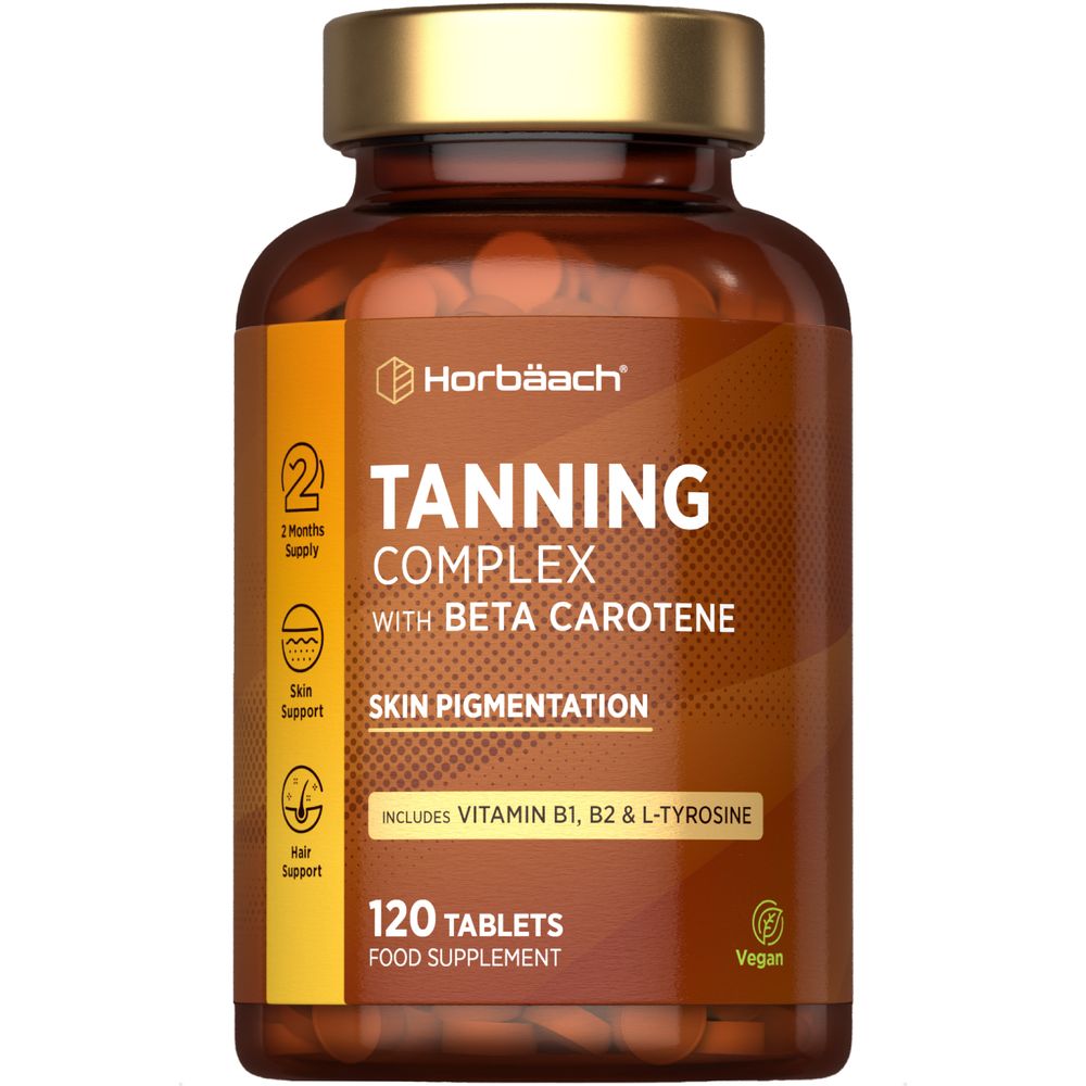 Horbäach Tanning Complex with Beta Carotene, Vitamin B1, B2, and L-Tyrosine for skin pigmentation, 120 vegan tablets.