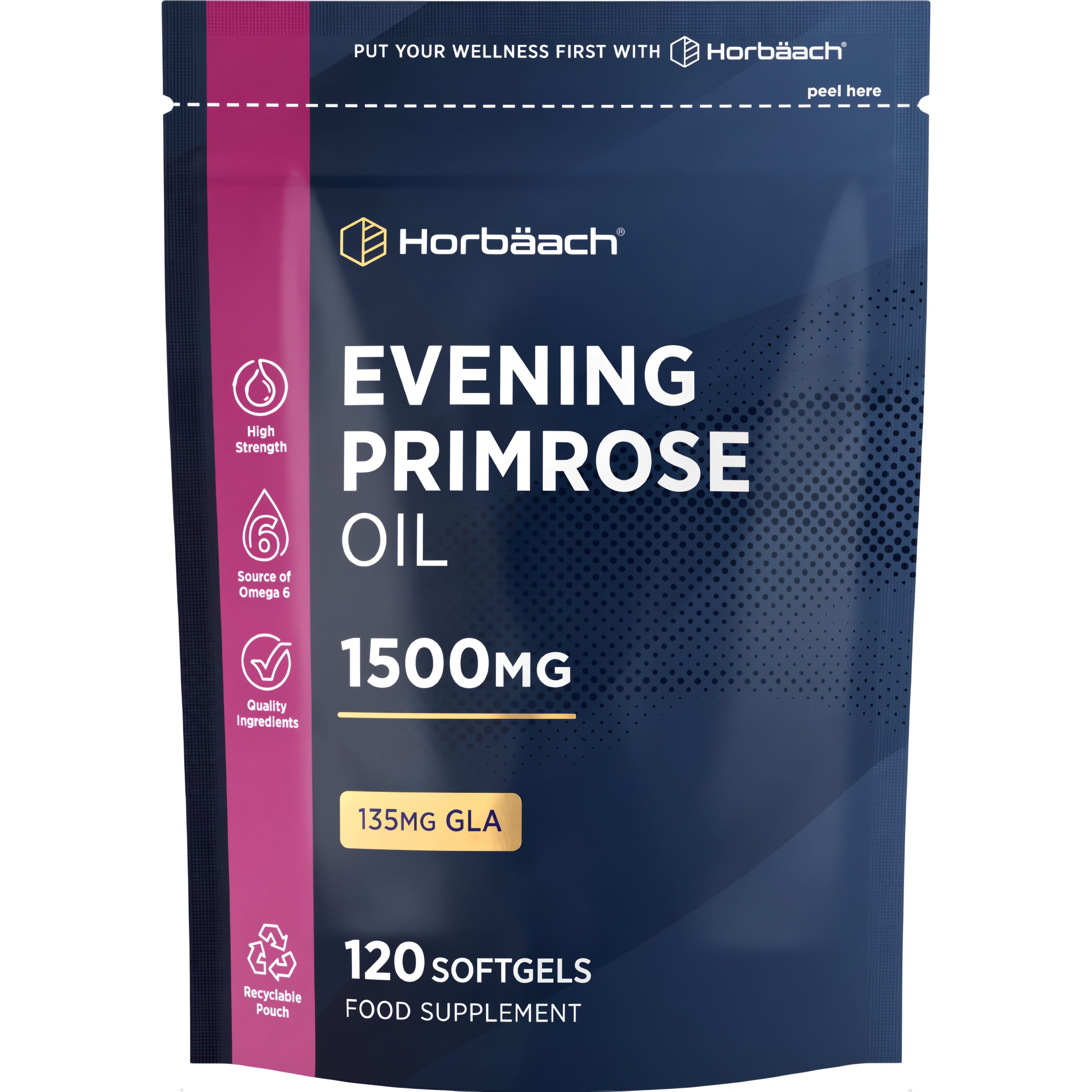 Evening Primrose Oil 1500mg, 135mg GLA, 120 Softgels. Food supplement bottle image.