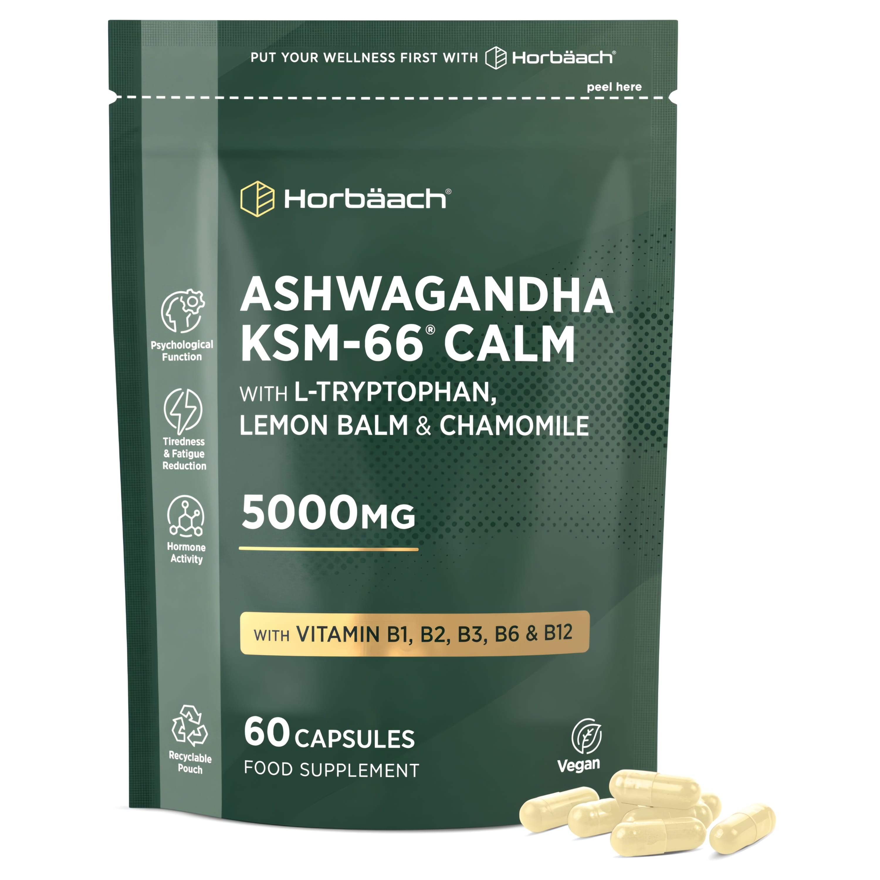 Ashwagandha KSM-66 Calm supplement: 5000mg with L-Tryptophan, Lemon Balm, Chamomile, B Vitamins in 60 vegan capsules.