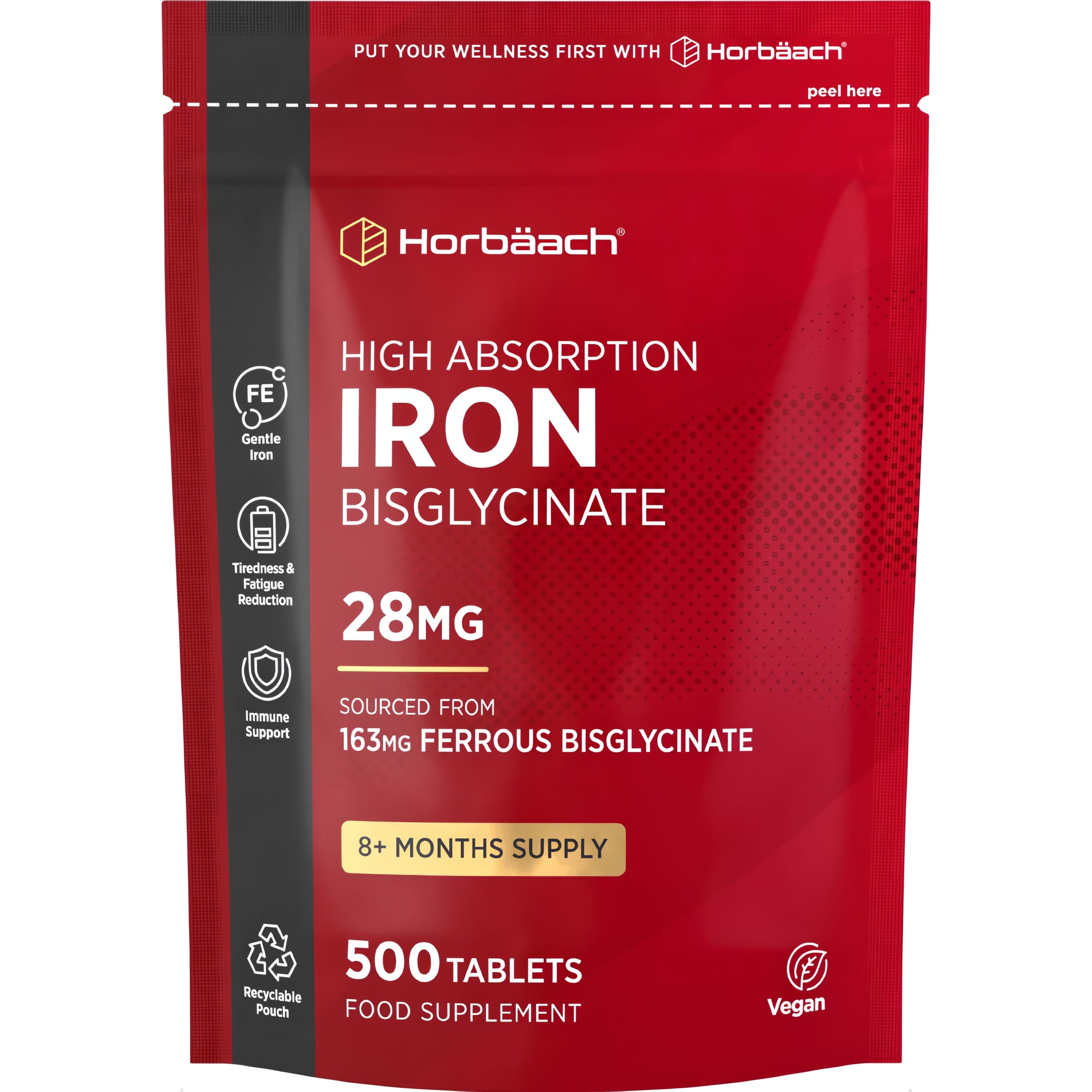 High Absorption Iron Bisglycinate 28mg, 500 vegan tablets. Dietary supplement for iron intake.