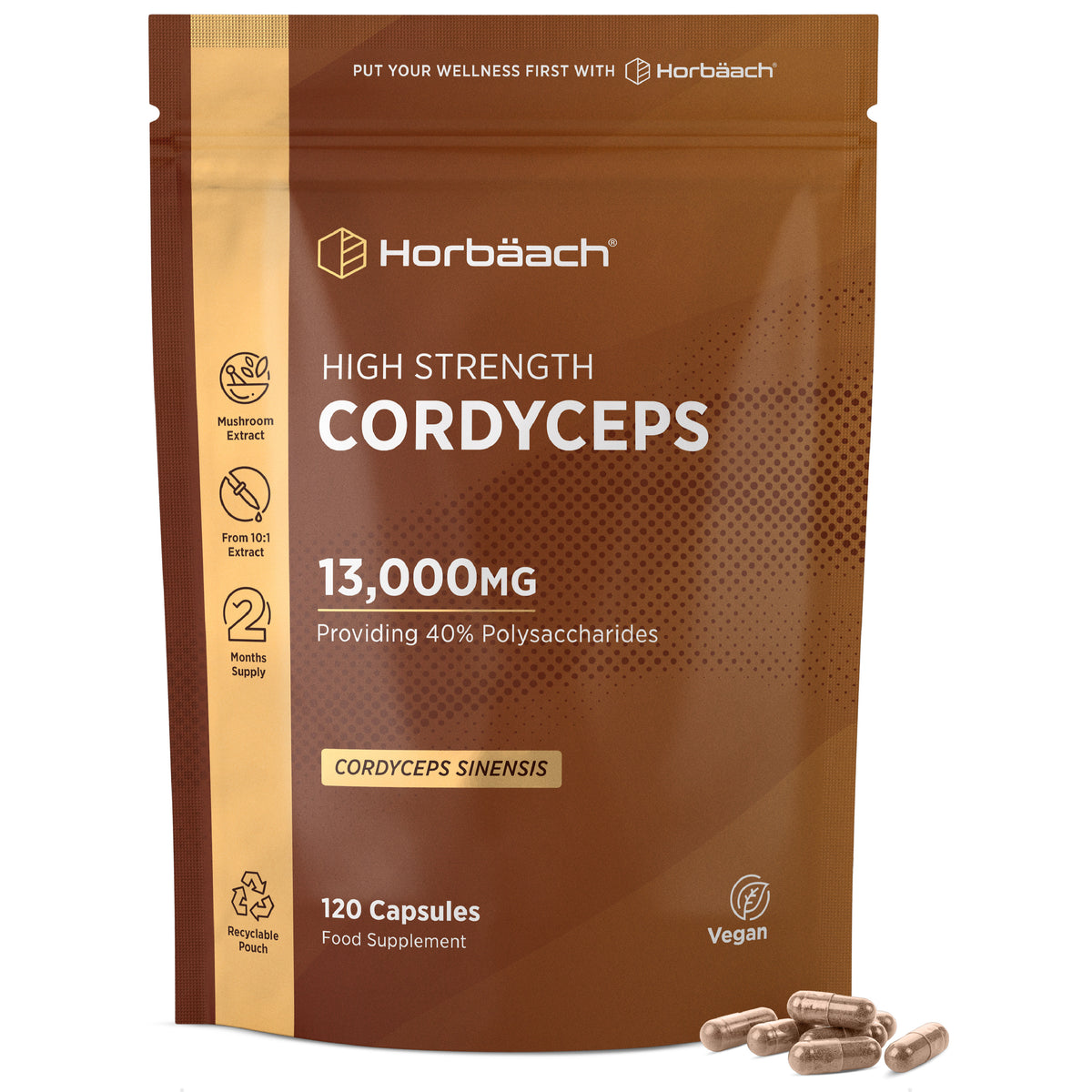 High Strength Cordyceps Sinensis 13,000mg, 40% Polysaccharides, 120 Vegan Capsules Food Supplement.