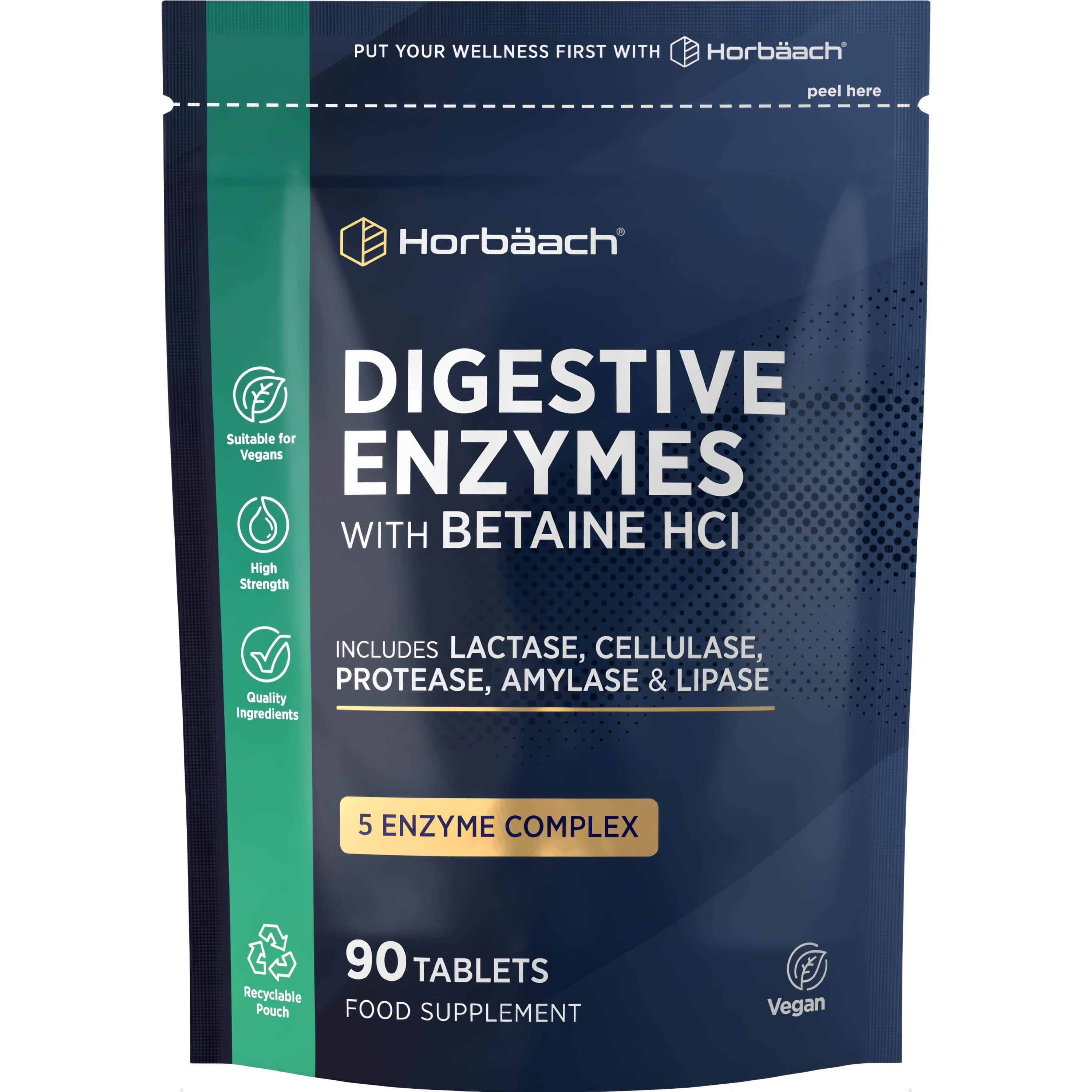 Digestive Enzymes with Betaine HCl include a 5 Enzyme Complex: Lactase, Cellulase, Protease, Amylase, Lipase, 90 Vegan Tablets.