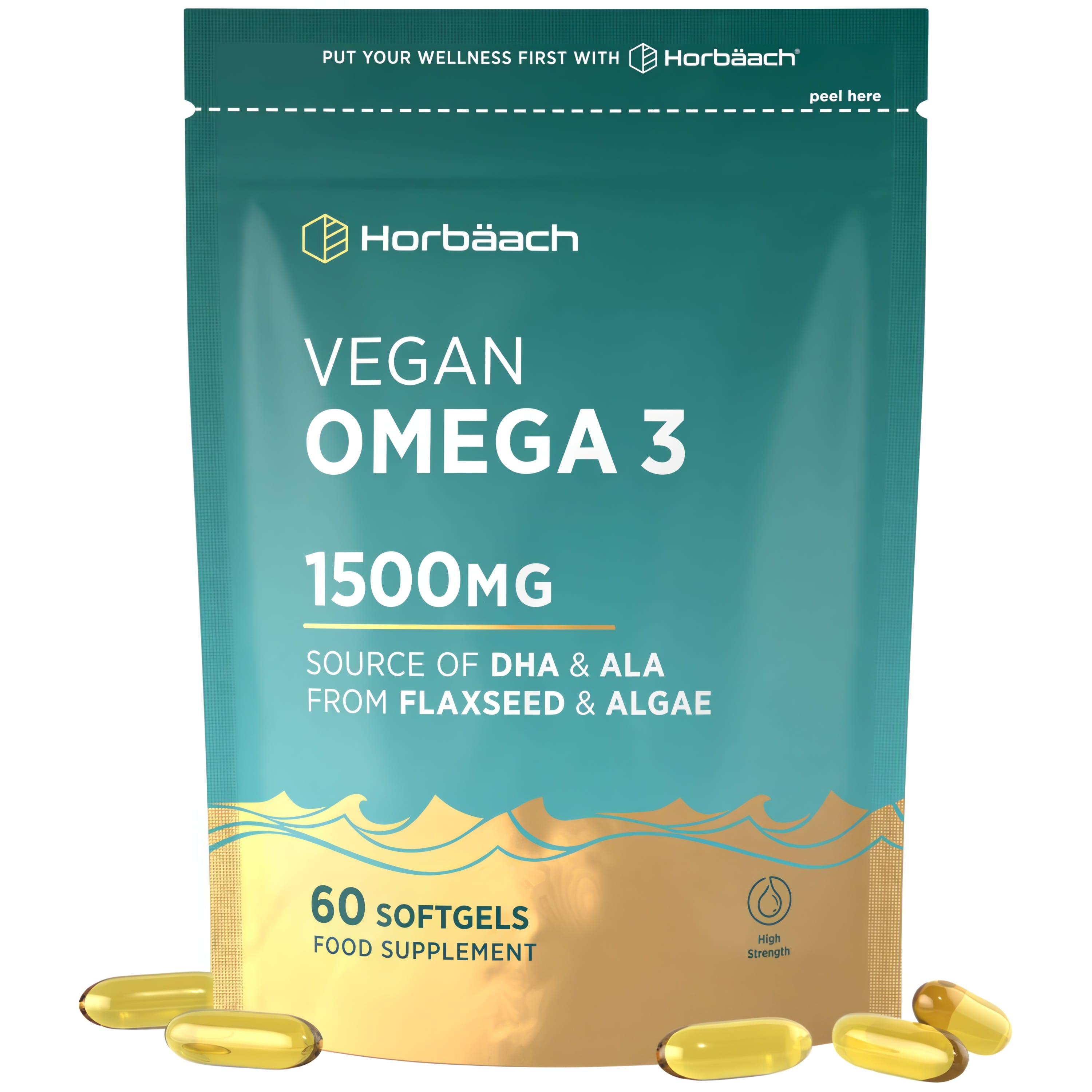 Horbäach Vegan Omega 3 1500MG supplement pouch with 60 softgels, sourced from flaxseed and algae, providing DHA and ALA.