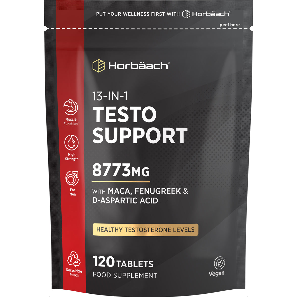 13-IN-1 Testo Support, 8773mg with Maca, Fenugreek & D-Aspartic Acid, 120 tablets, vegan food supplement.