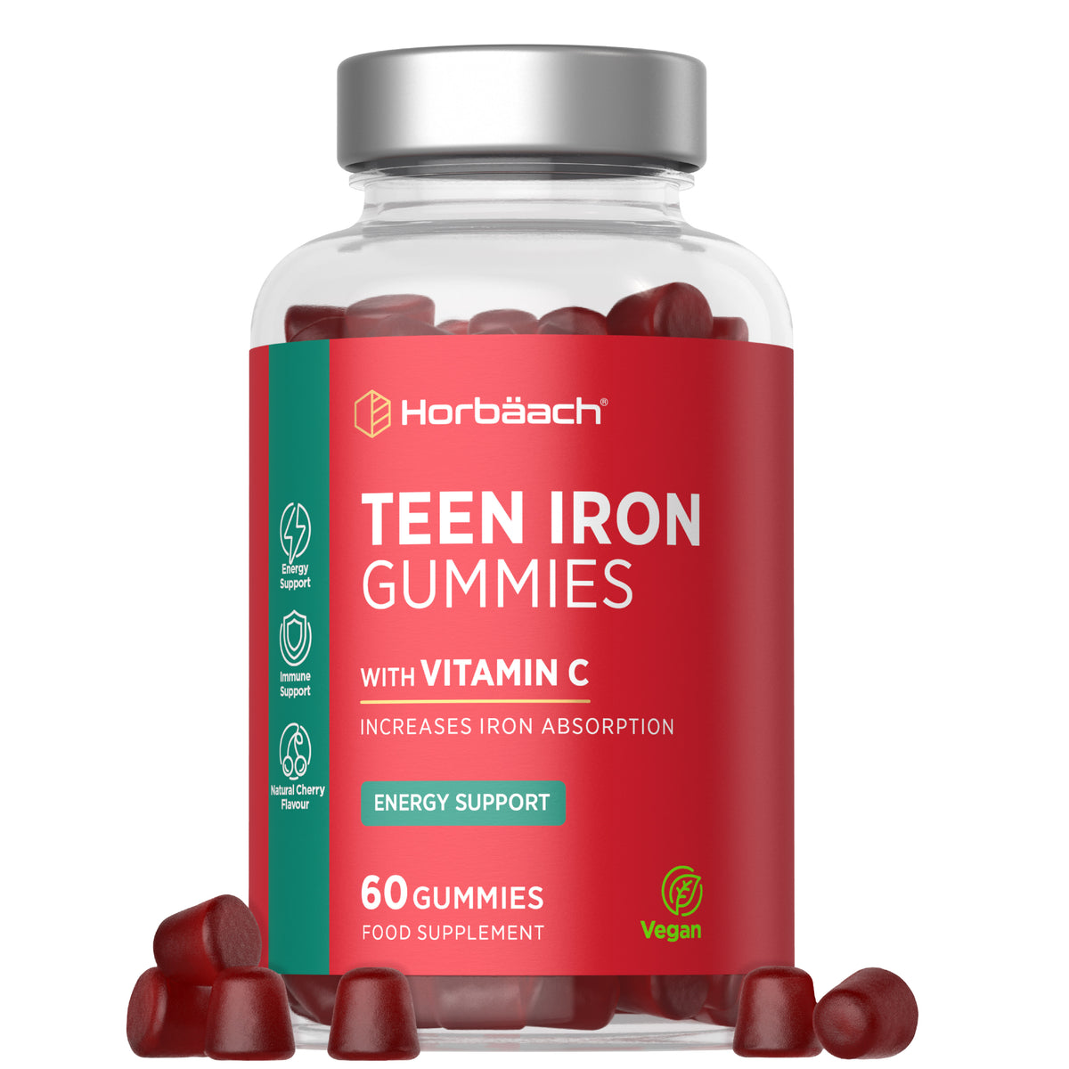 Teen Iron Gummies with Vitamin C for energy and immune support, natural cherry flavour. 60 vegan gummies, food supplement.