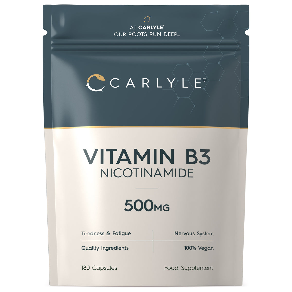 Bottle of Vitamin B3 Nicotinamide, 500 mg, containing 180 capsules.