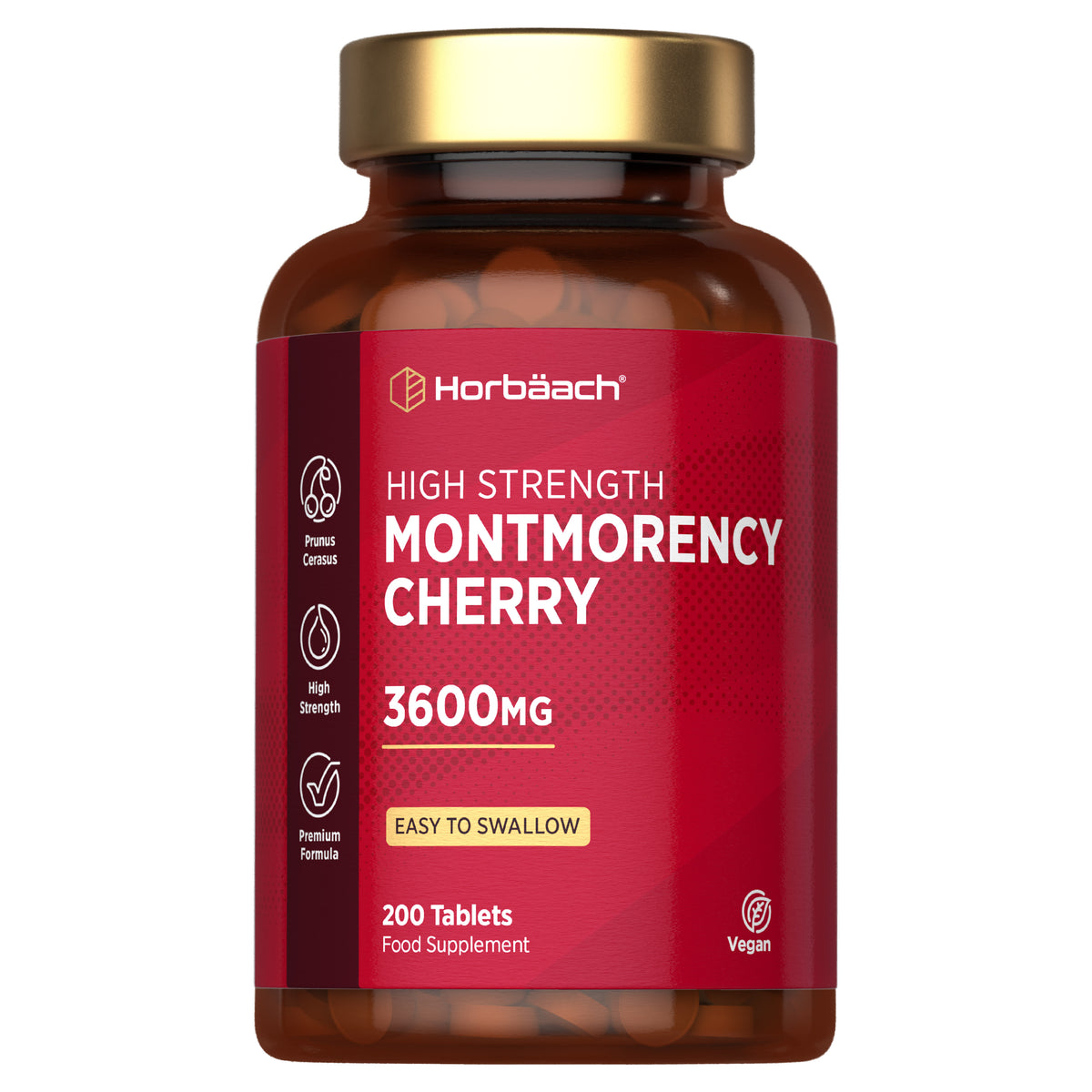 Horbäach High Strength Montmorency Cherry 3600MG, 200 Tablets, vegan food supplement, easy to swallow.