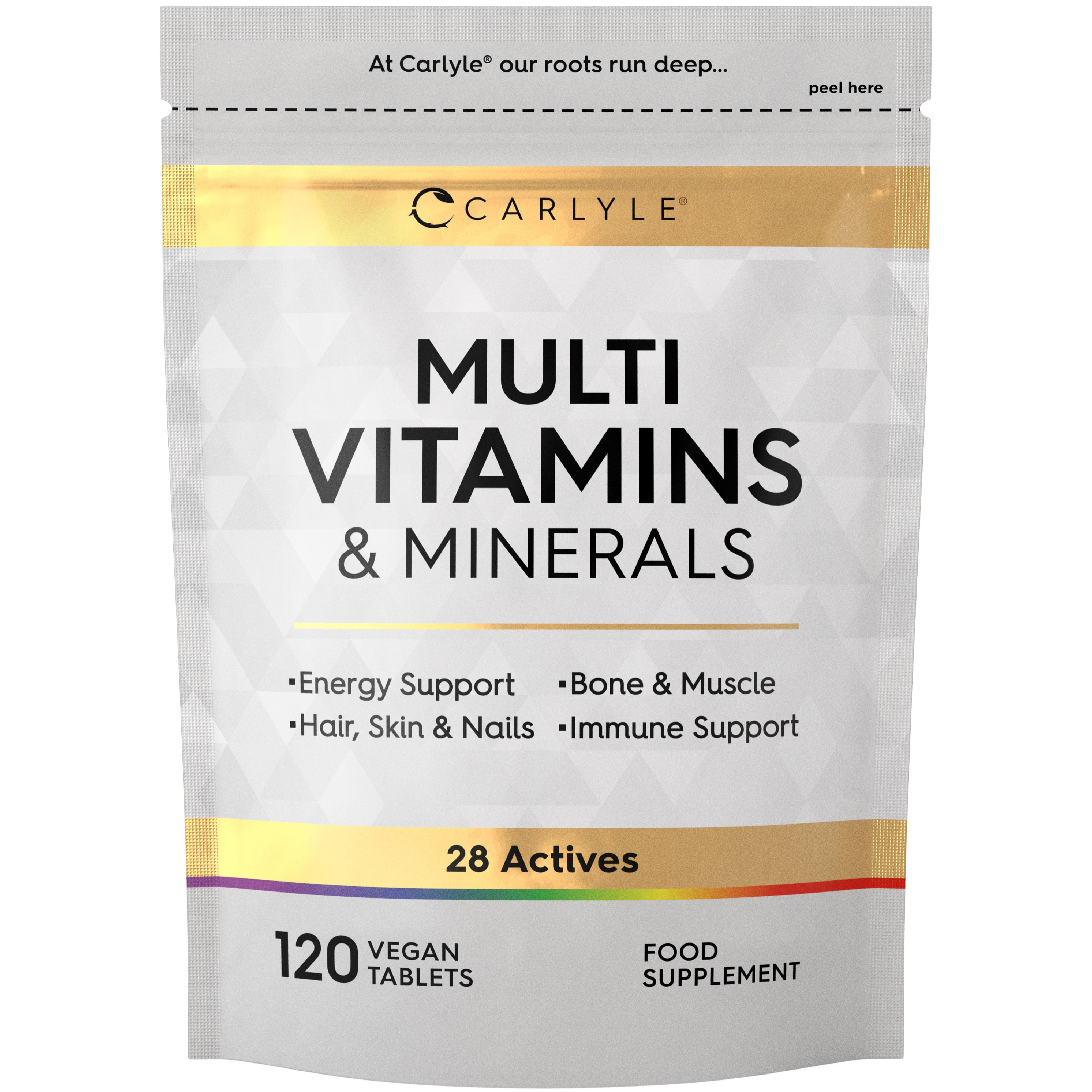 Multi Vitamins & Minerals, 120 Vegan Tablets. Supports energy, bones, muscles, hair, skin, nails, and immune health with 28 actives.