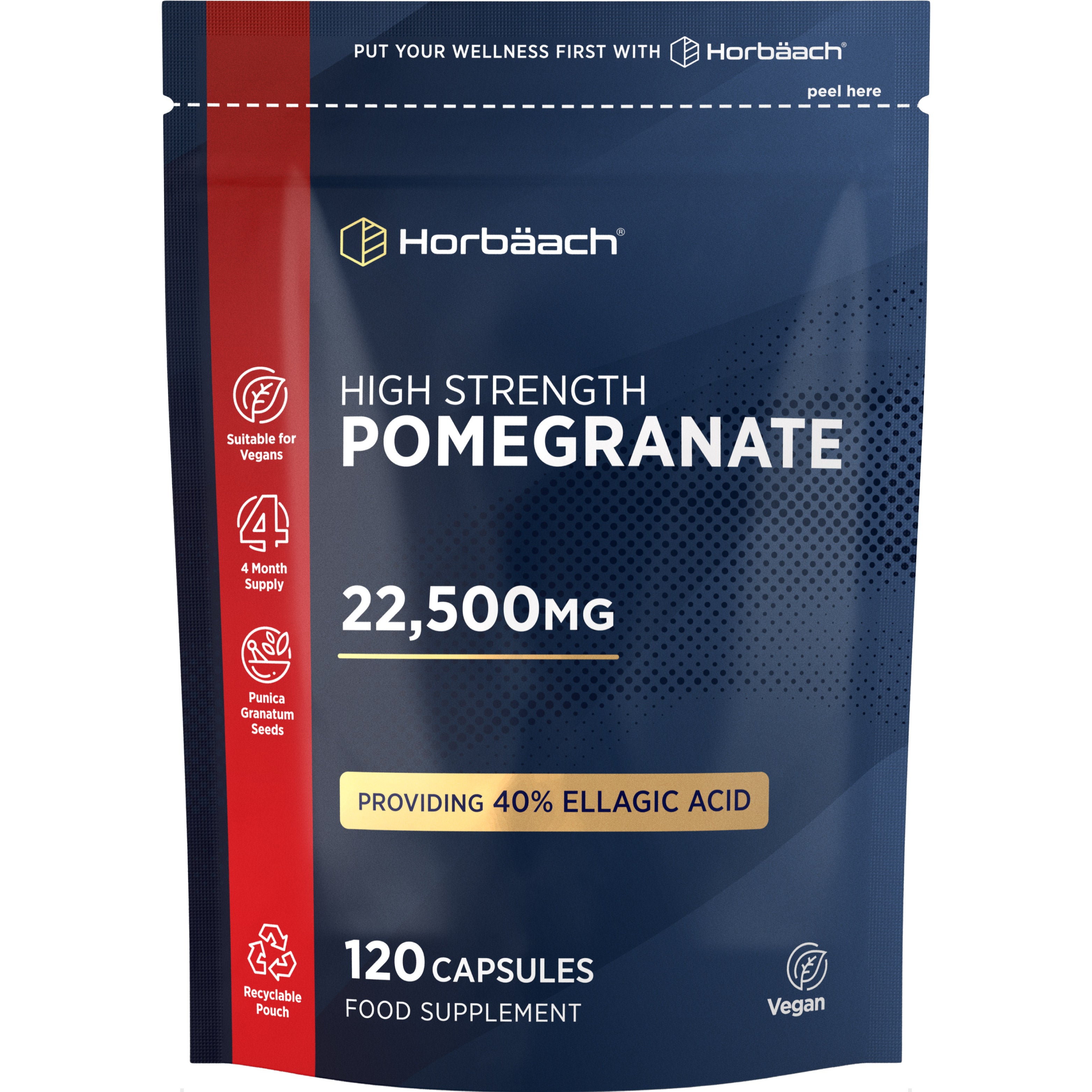 High Strength Pomegranate 22,500mg with 40% Ellagic Acid, offering 120 capsules as a food supplement.