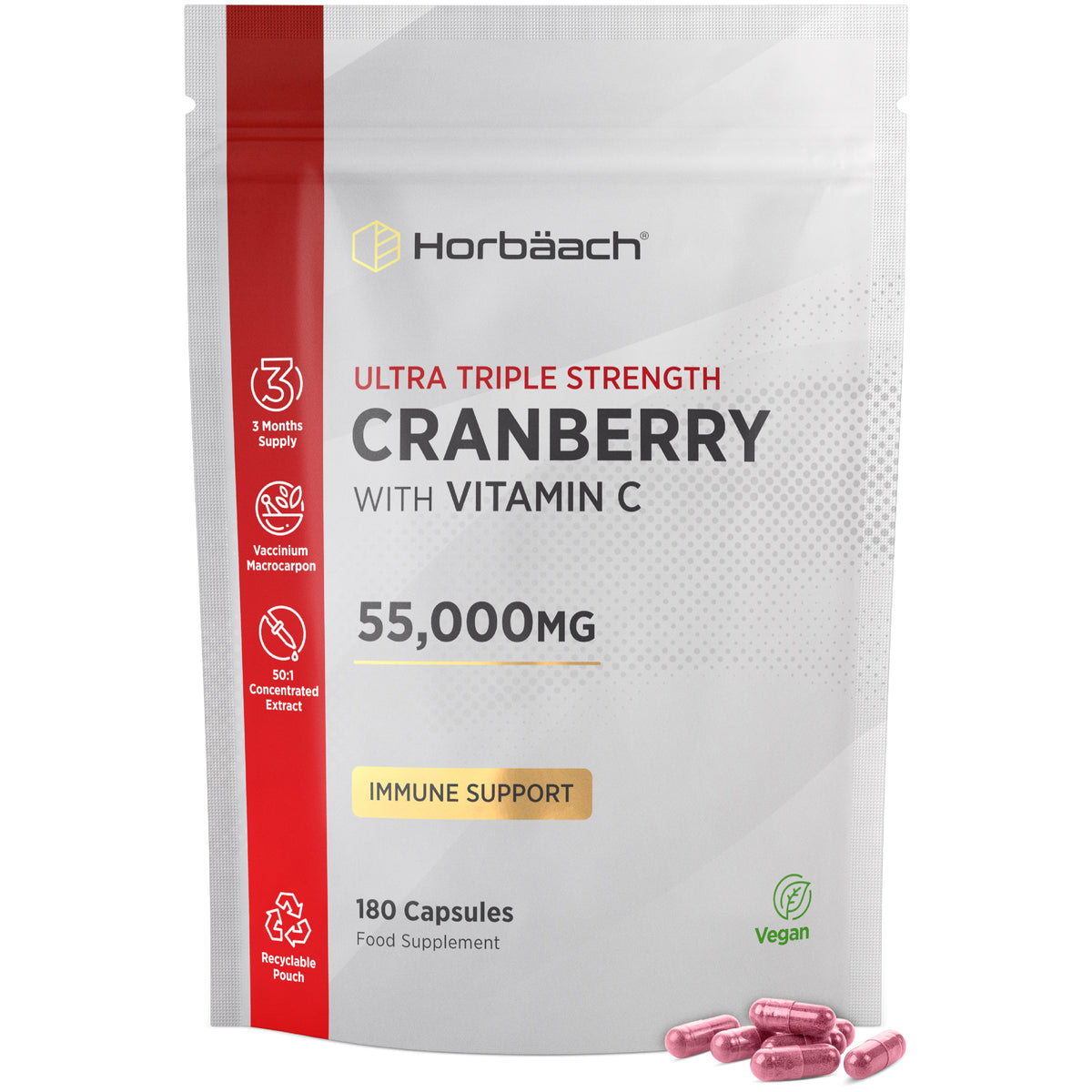 Horbäach Ultra Triple Strength Cranberry with Vitamin C 55,000mg, 50:1 Concentrated Extract, in 180 Vegan Capsules.