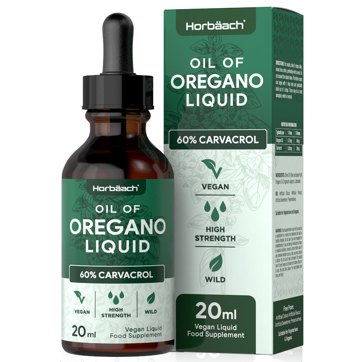 Oil of Oregano Liquid 20ml with 60% Carvacrol, vegan, high strength, wild, and a liquid food supplement.