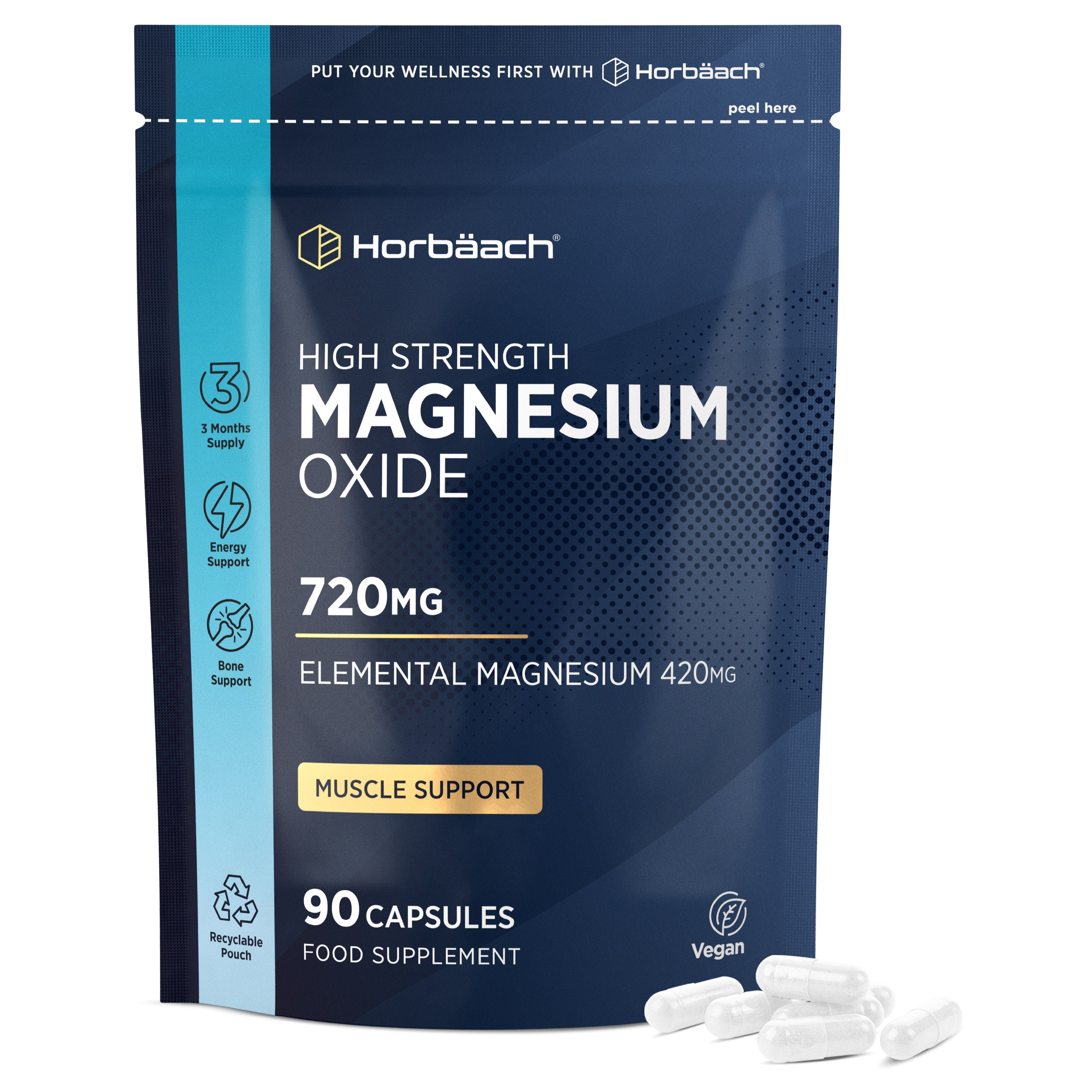 High Strength Magnesium Oxide 720mg with 420mg elemental magnesium in 90 vegan capsules for muscle support.