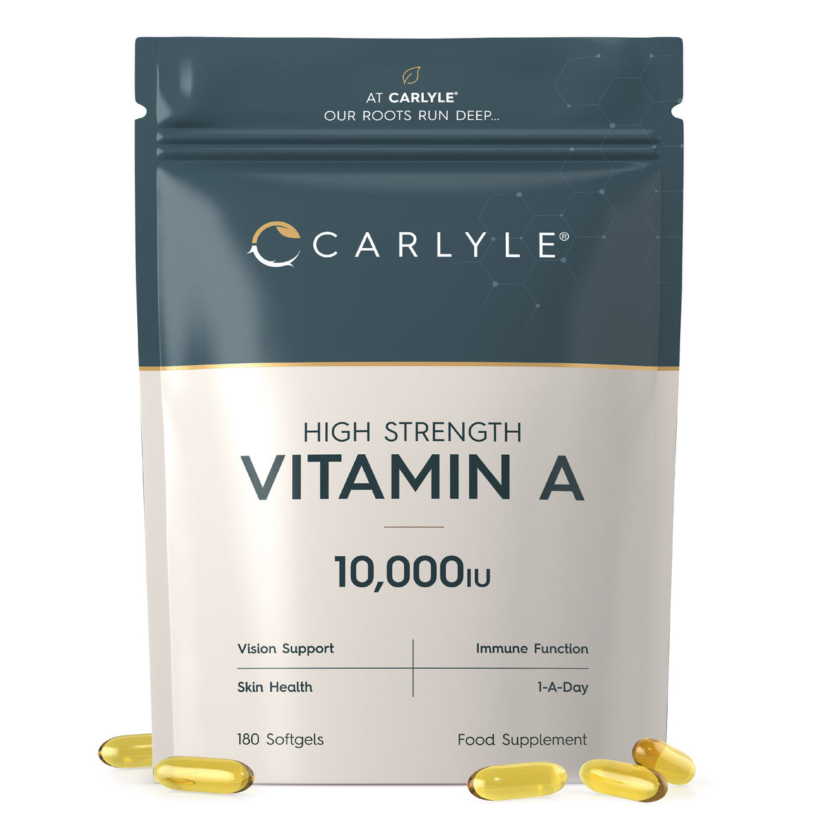 High Strength Vitamin A 10,000 IU 180 Softgels pouch with several yellow softgels scattered around.