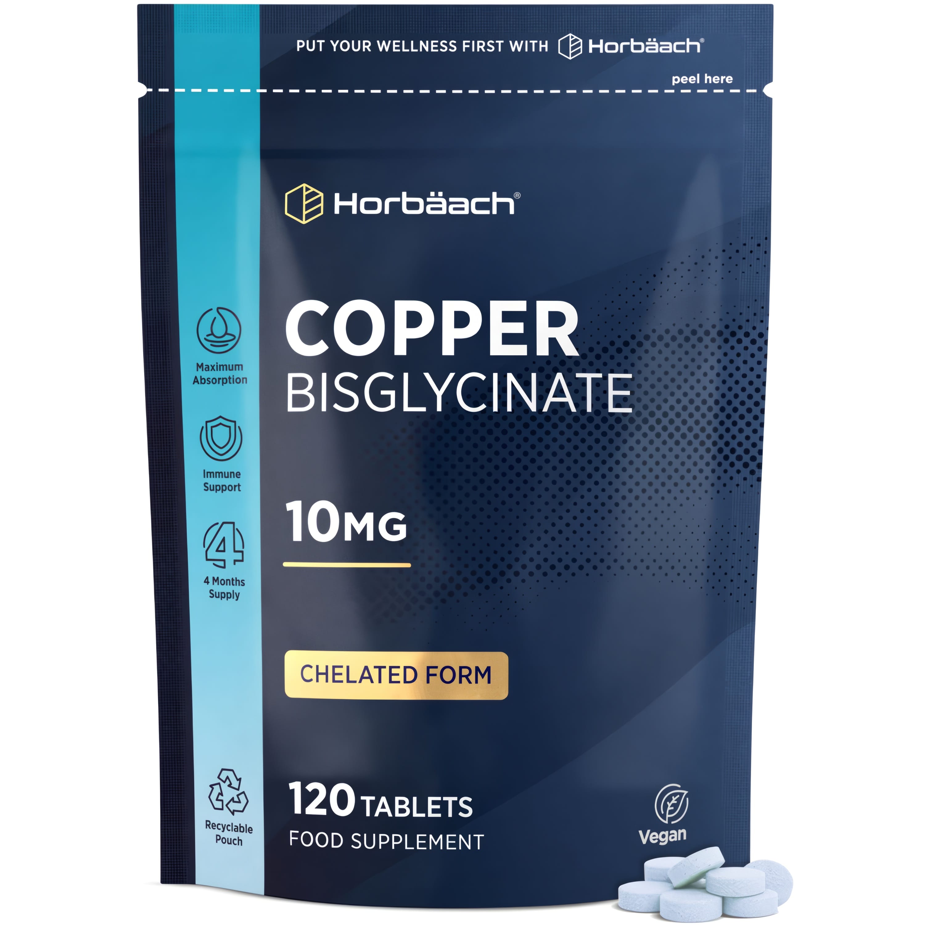 Copper Bisglycinate 10mg, 120 tablets in a recyclable vegan pouch, offering chelated form.