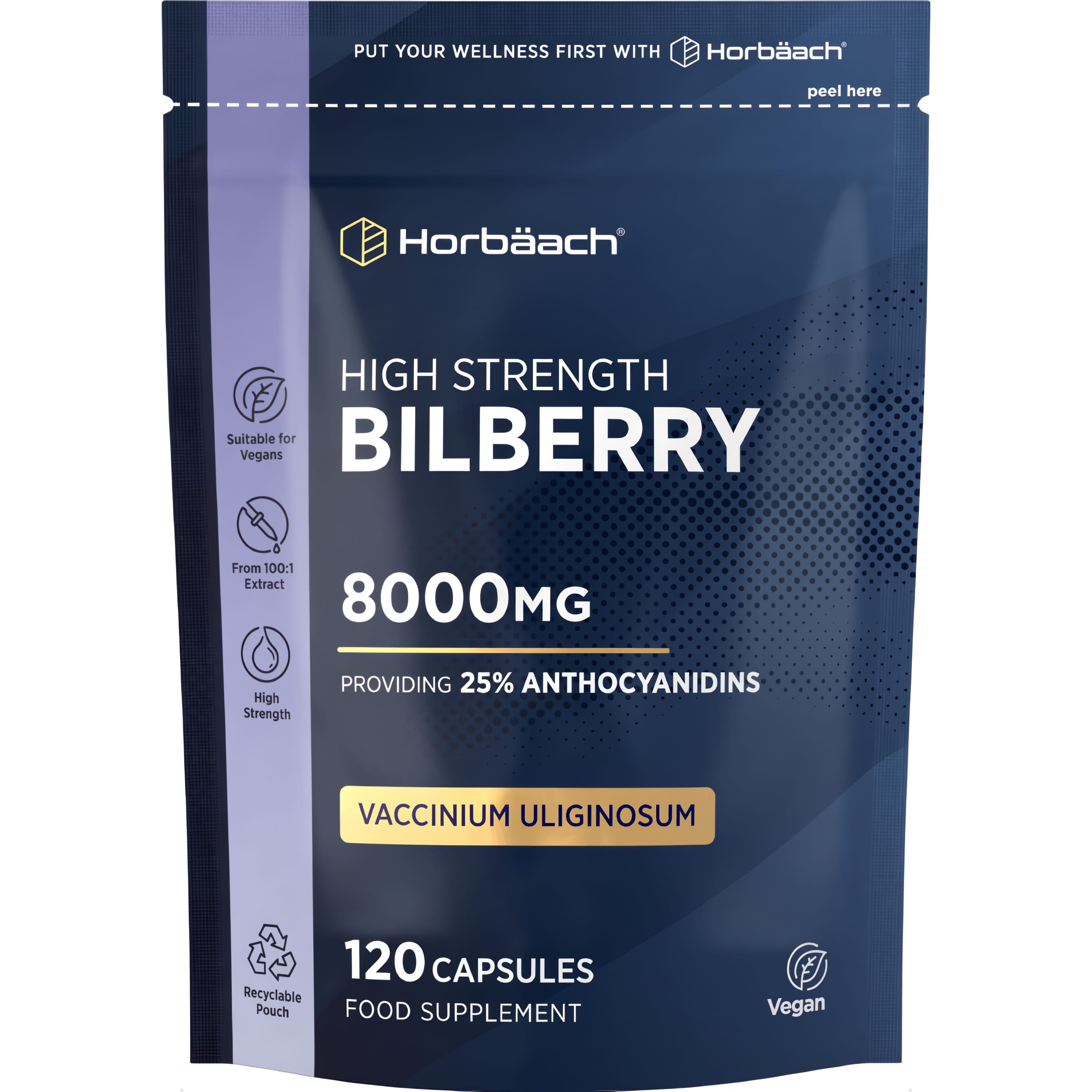 High Strength Bilberry 8000mg with 25% Anthocyanidins, includes 120 vegan capsules as a food supplement.