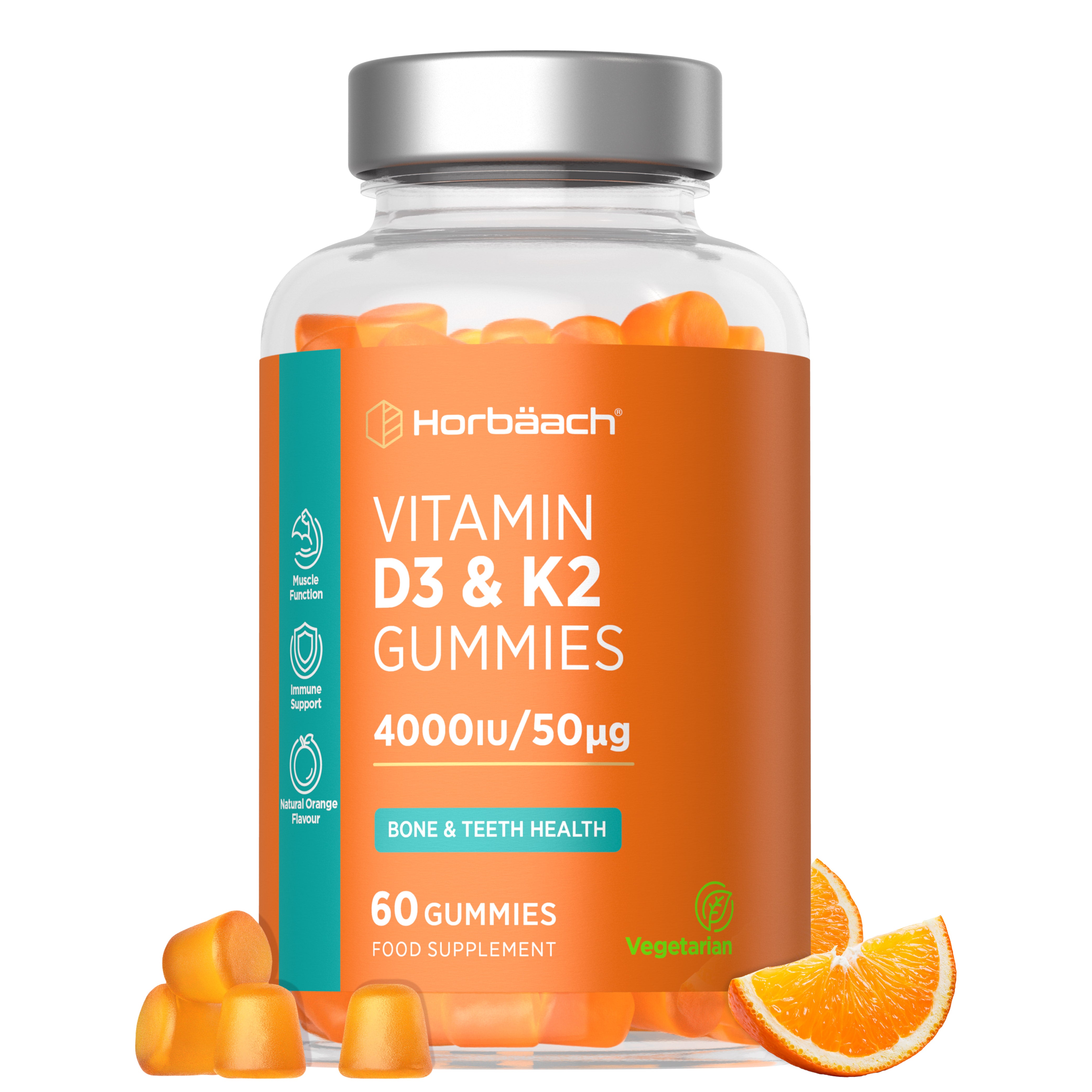 Vitamin D3 & K2 Gummies 4000iu/50ug, 60 count, Natural Orange Flavor with orange gummies and slices visible.