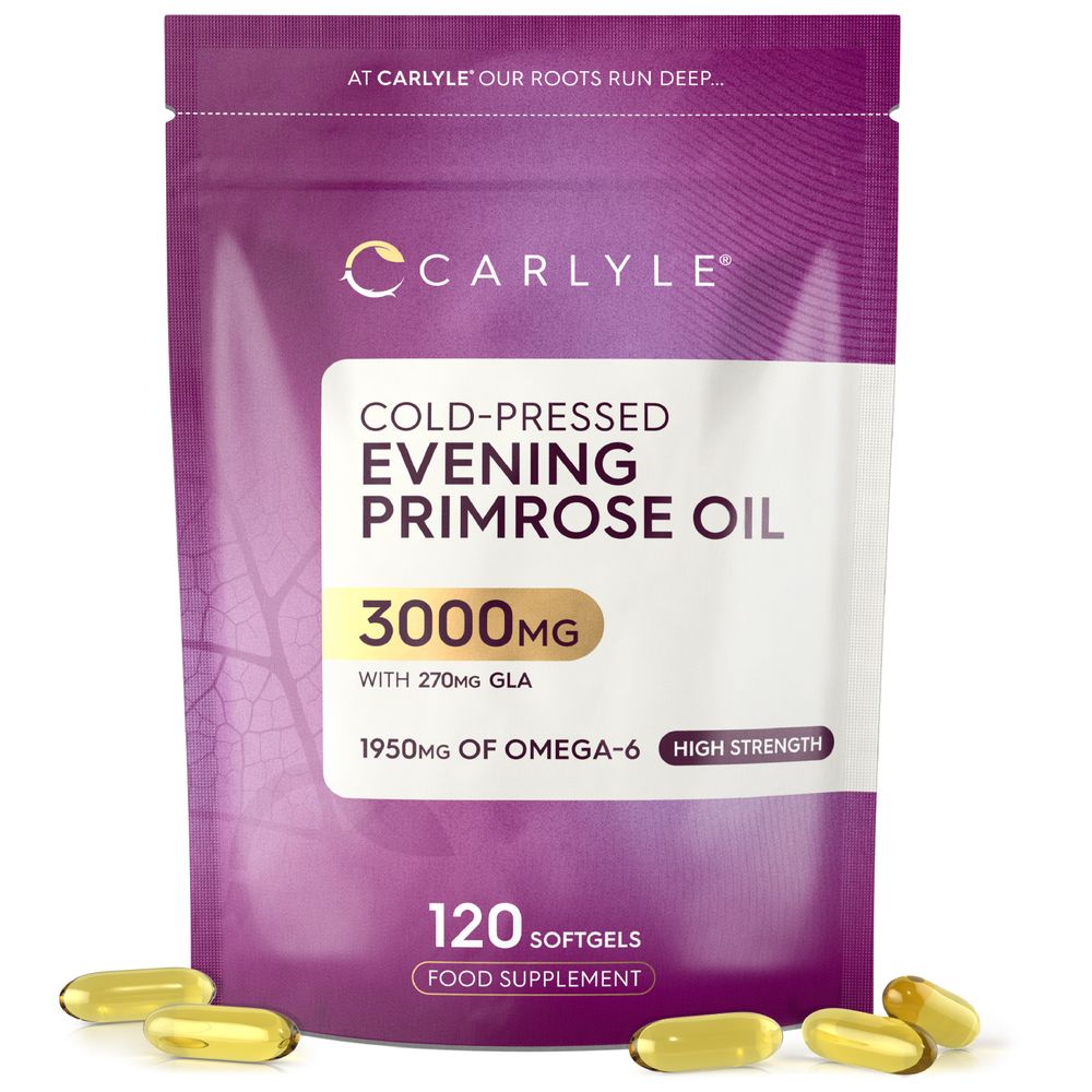 An open bottle of 3000mg Evening Primrose Oil softgels, displaying several capsules held in a hand for scale.