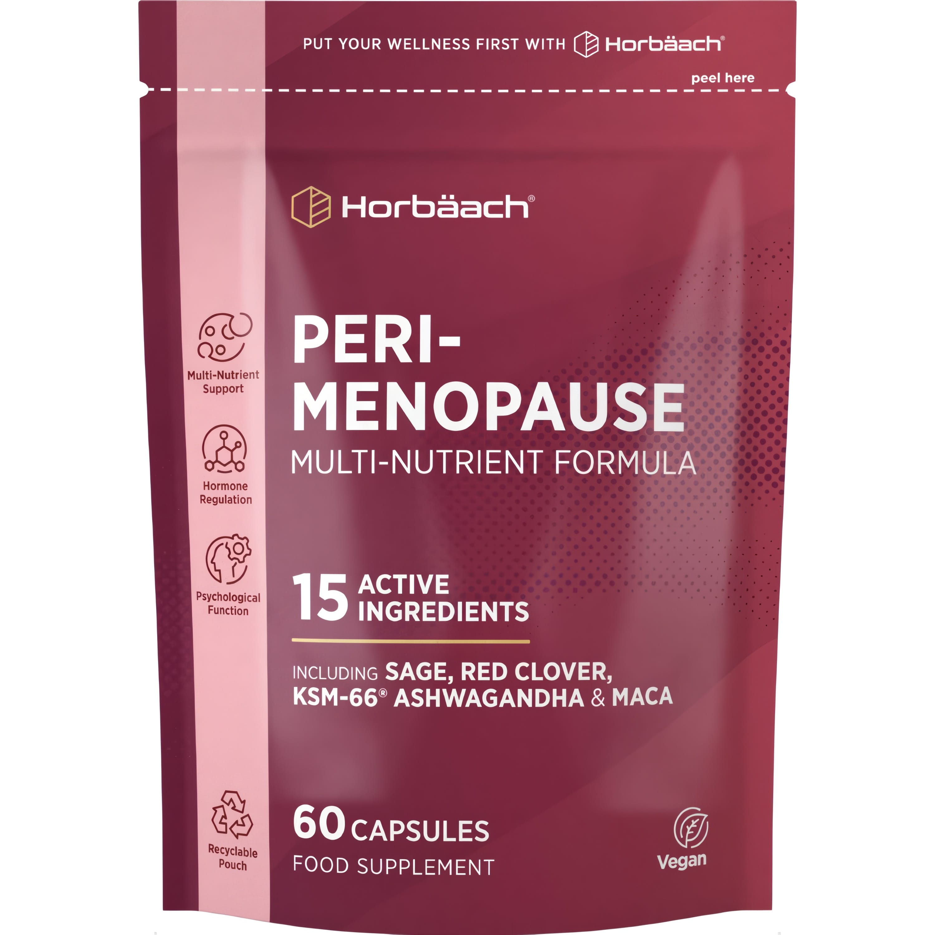Perimenopause Complex, 60 Vegan Capsules, featuring 15 active ingredients like Sage, Red Clover, KSM-66 Ashwagandha, and Maca.