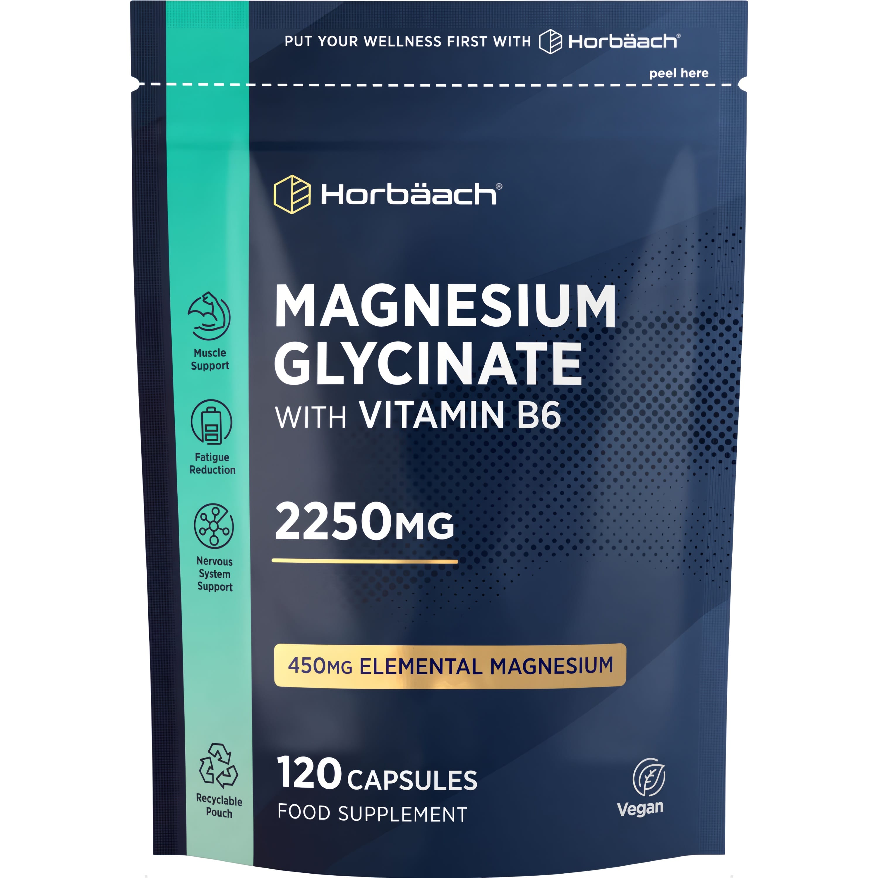 Magnesium Glycinate with Vitamin B6, 2250mg total, 450mg Magnesium per capsule, 120 vegan capsules, food supplement.