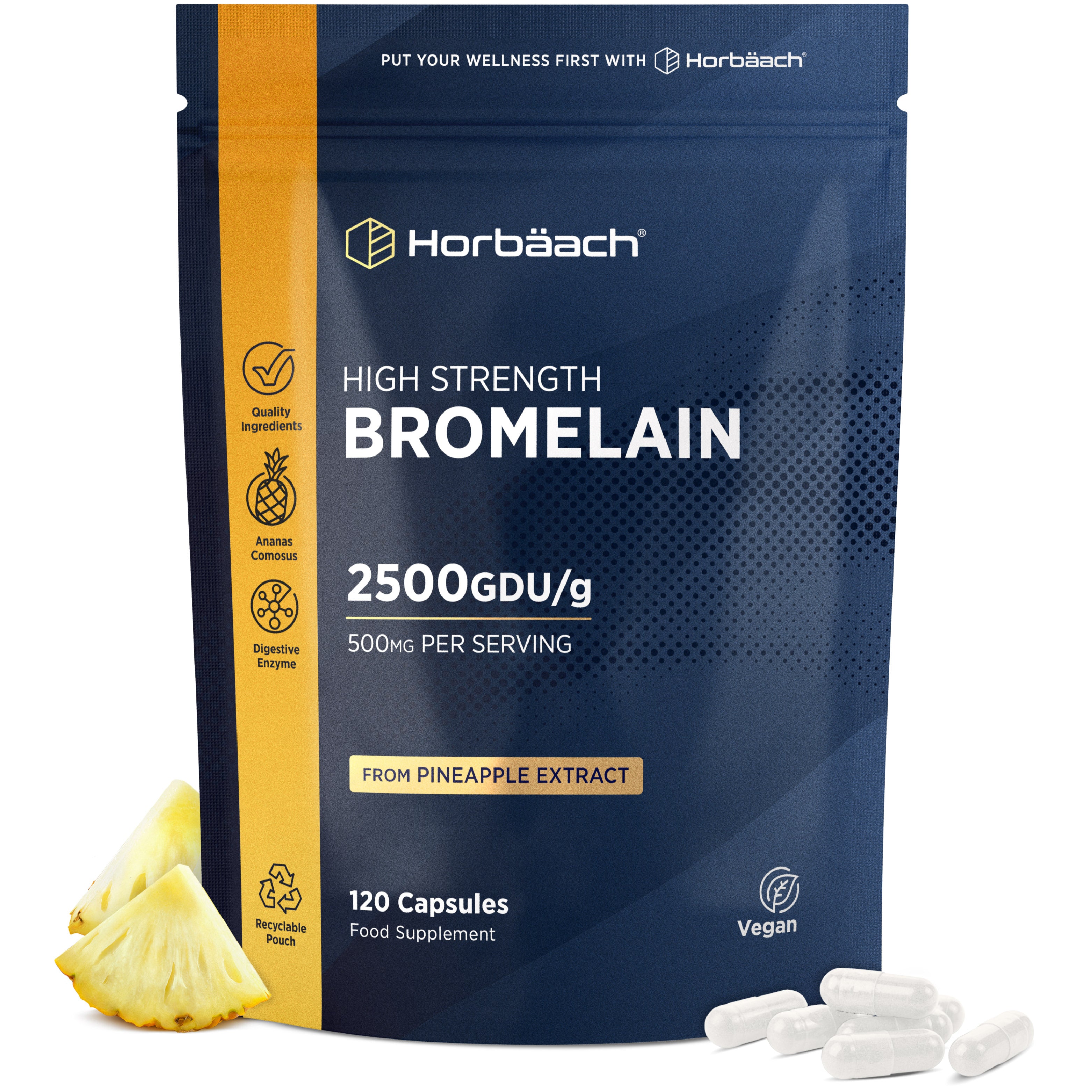 High Strength Bromelain 2500 GDU/g, 500mg per serving, 120 Capsules. Derived from pineapple extract, vegan food supplement.