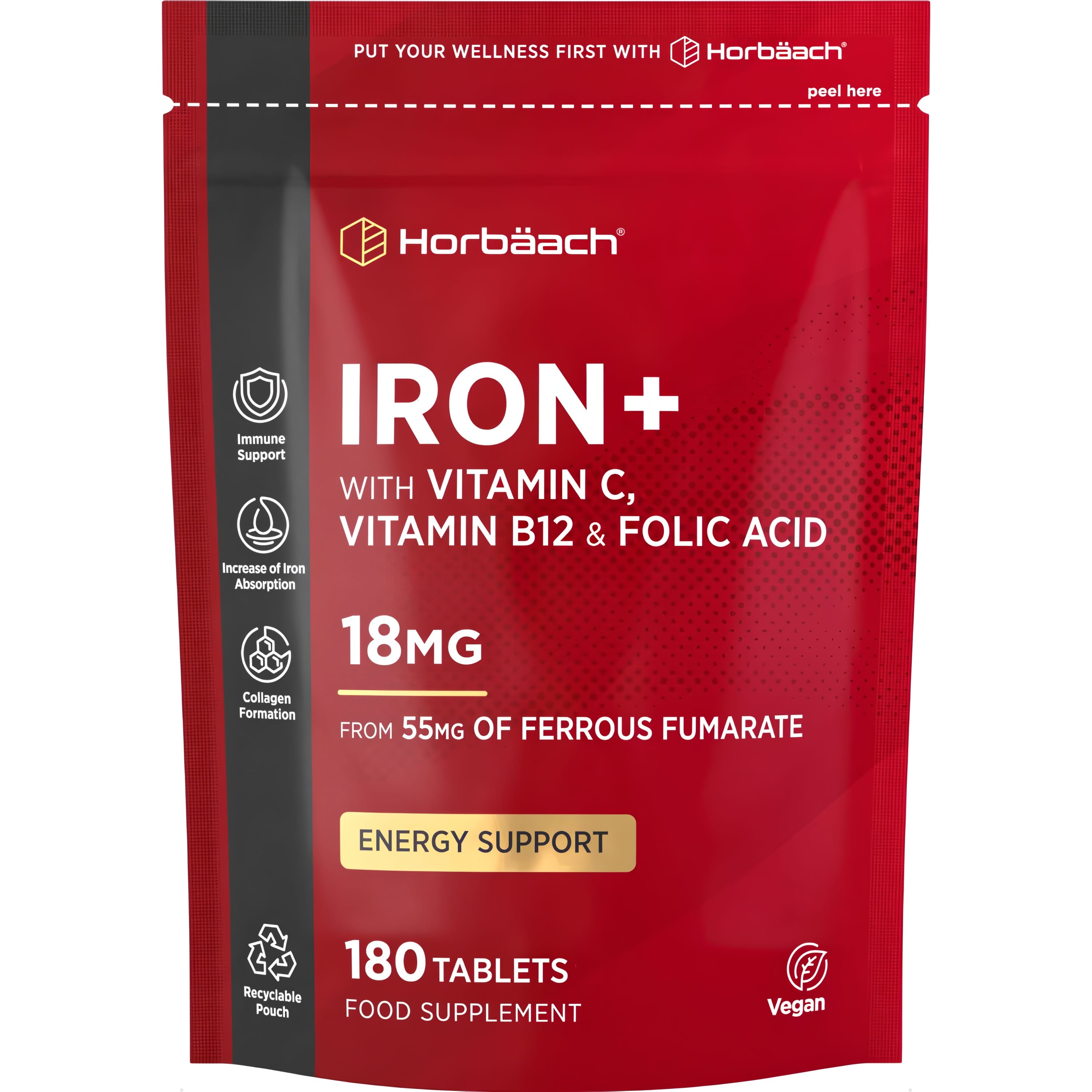 IRON+ with Vitamin C, B12, and Folic Acid; 18mg iron from 55mg Ferrous Fumarate, 180 tablets supplement bottle.