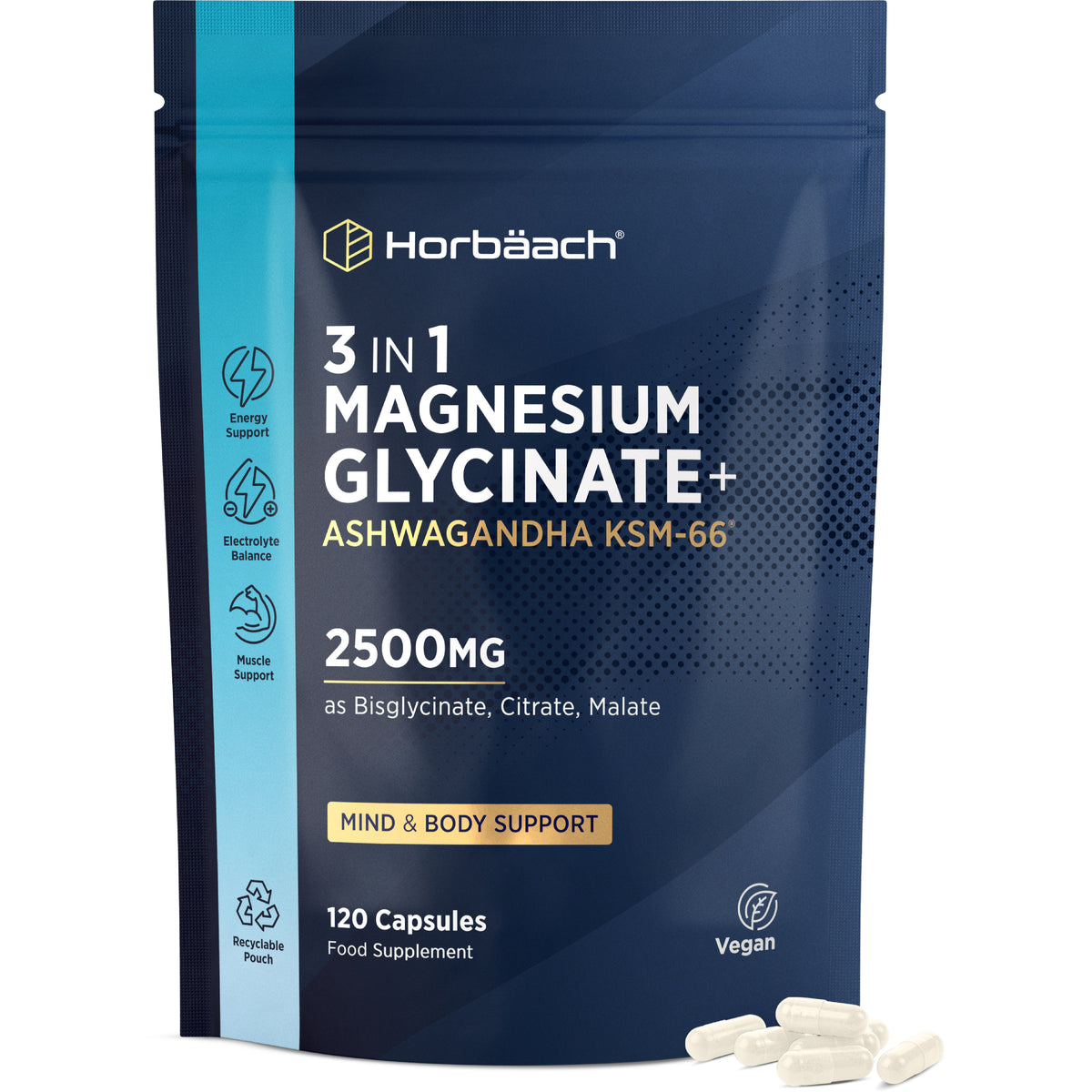 3 In 1 Magnesium Glycinate + Ashwagandha KSM-66, 2500mg as Bisglycinate, Citrate, Malate, in 120 capsules.