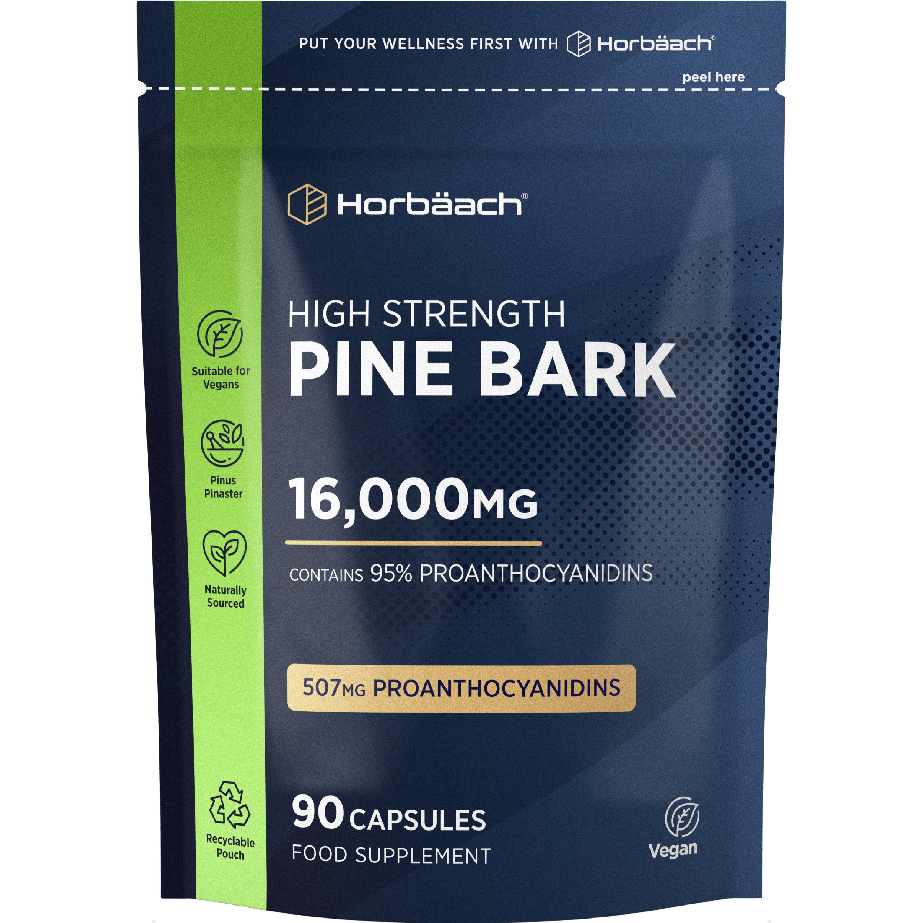 Horbäach Pine Bark 16,000MG, with 95% Proanthocyanidins, 507MG Proanthocyanidins, 90 Capsules, Food Supplement.