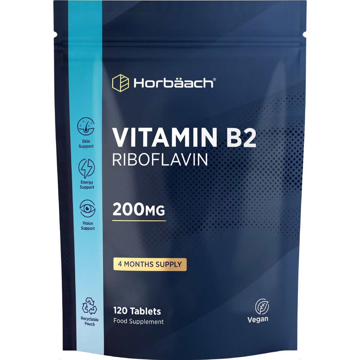 Vitamin B2 Riboflavin 200mg, 120 vegan tablets for a 4-month supply, in a recyclable pouch food supplement.