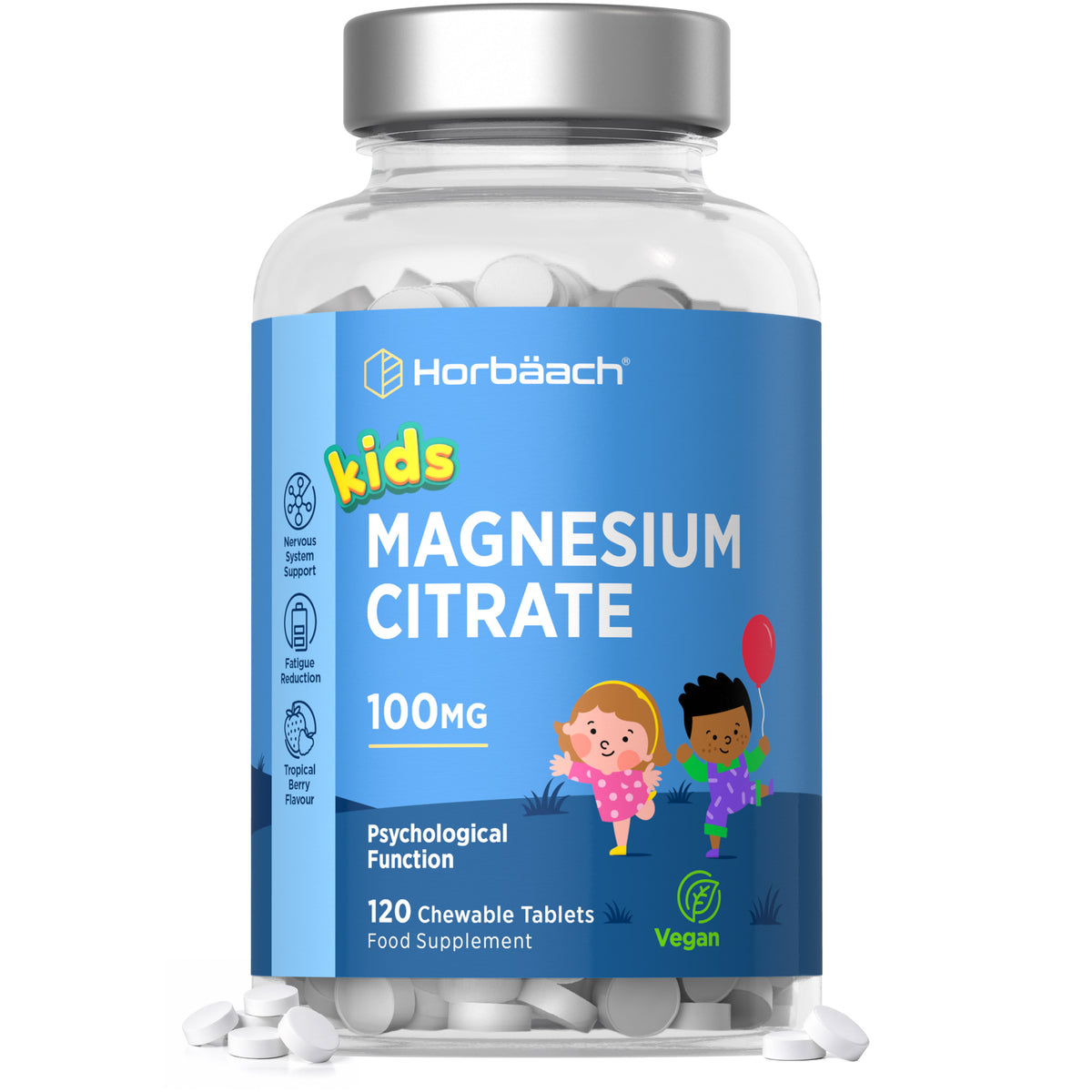 Kids Magnesium Citrate tablets, 100 MG, with 120 chewable tablets per package.