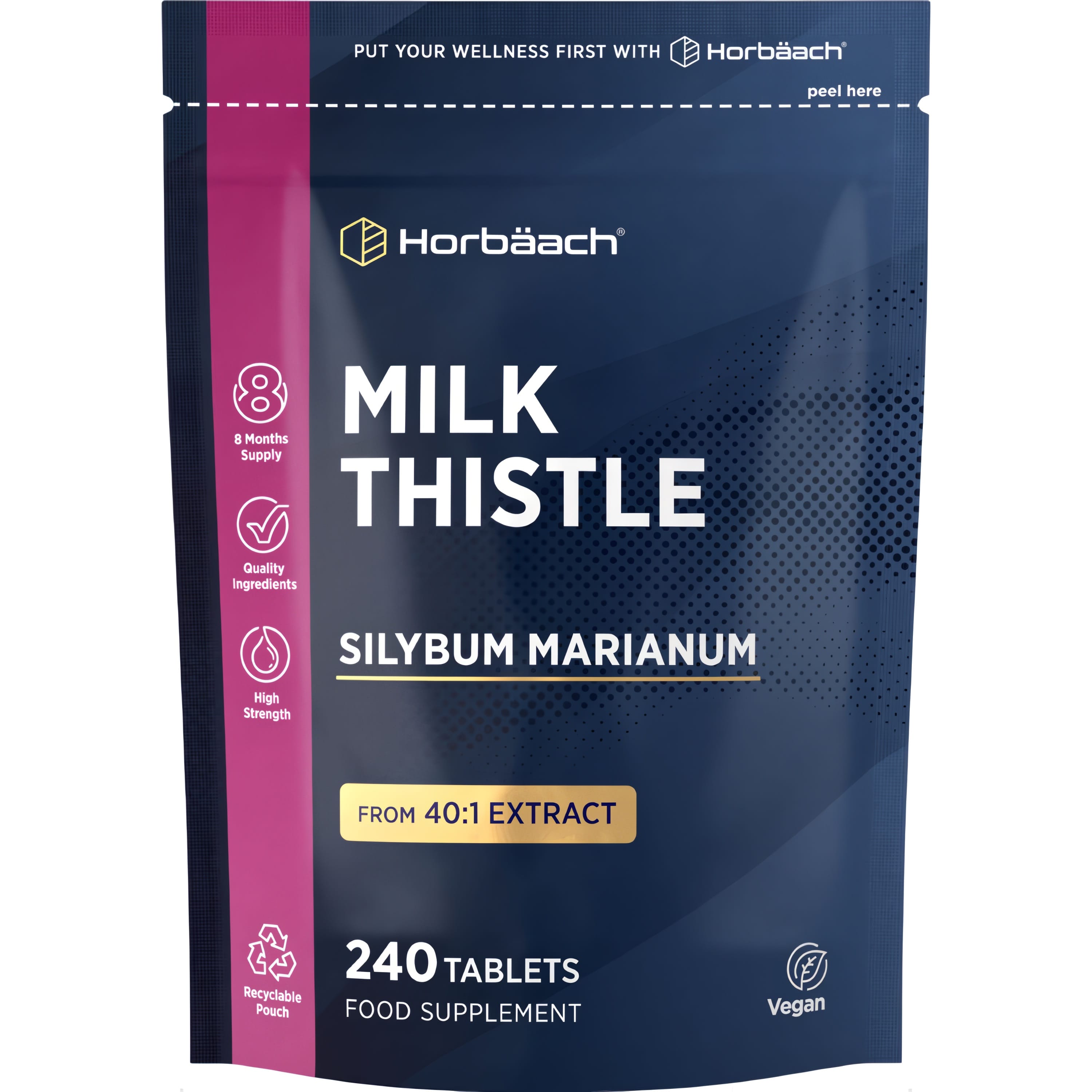 Milk Thistle Silybum Marianum high strength 40:1 extract with 240 tablets. Food supplement, vegan friendly.