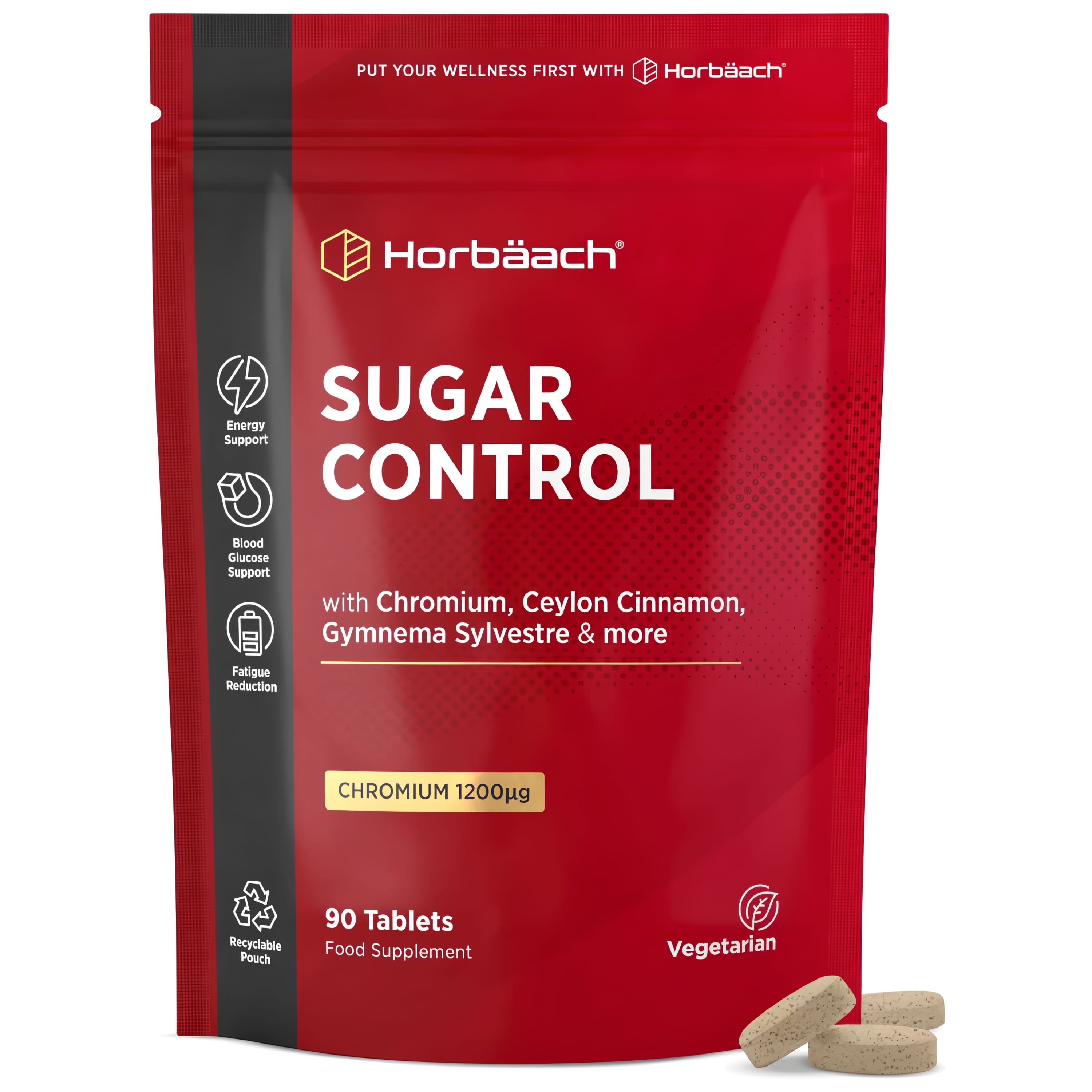 A pouch of Sugar Control Food Supplement with 1200µg Chromium, Ceylon Cinnamon, Gymnema Sylvestre, 90 vegetarian tablets.
