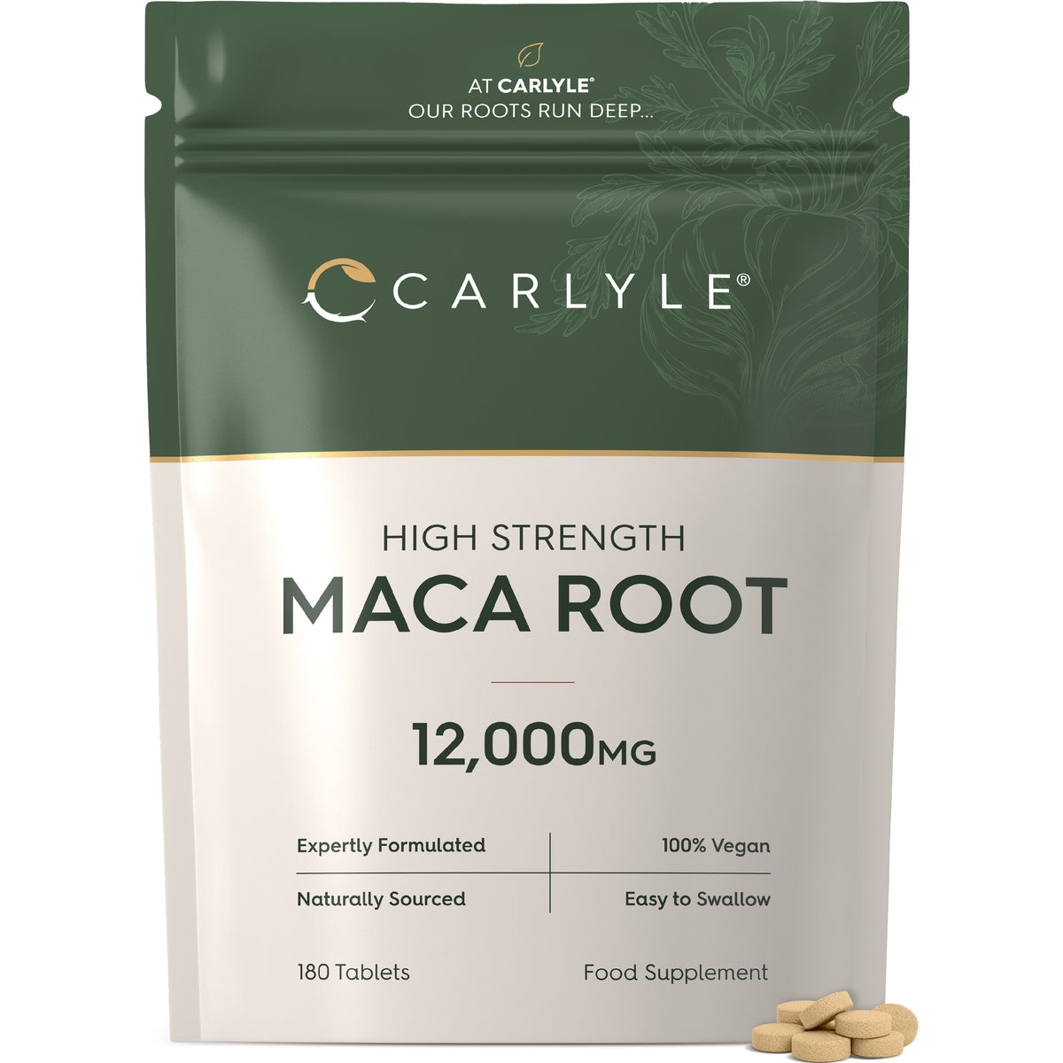 Carlyle High Strength Maca Root 12,000mg, 180 Vegan Tablets supplement pouch displayed with several tablets.