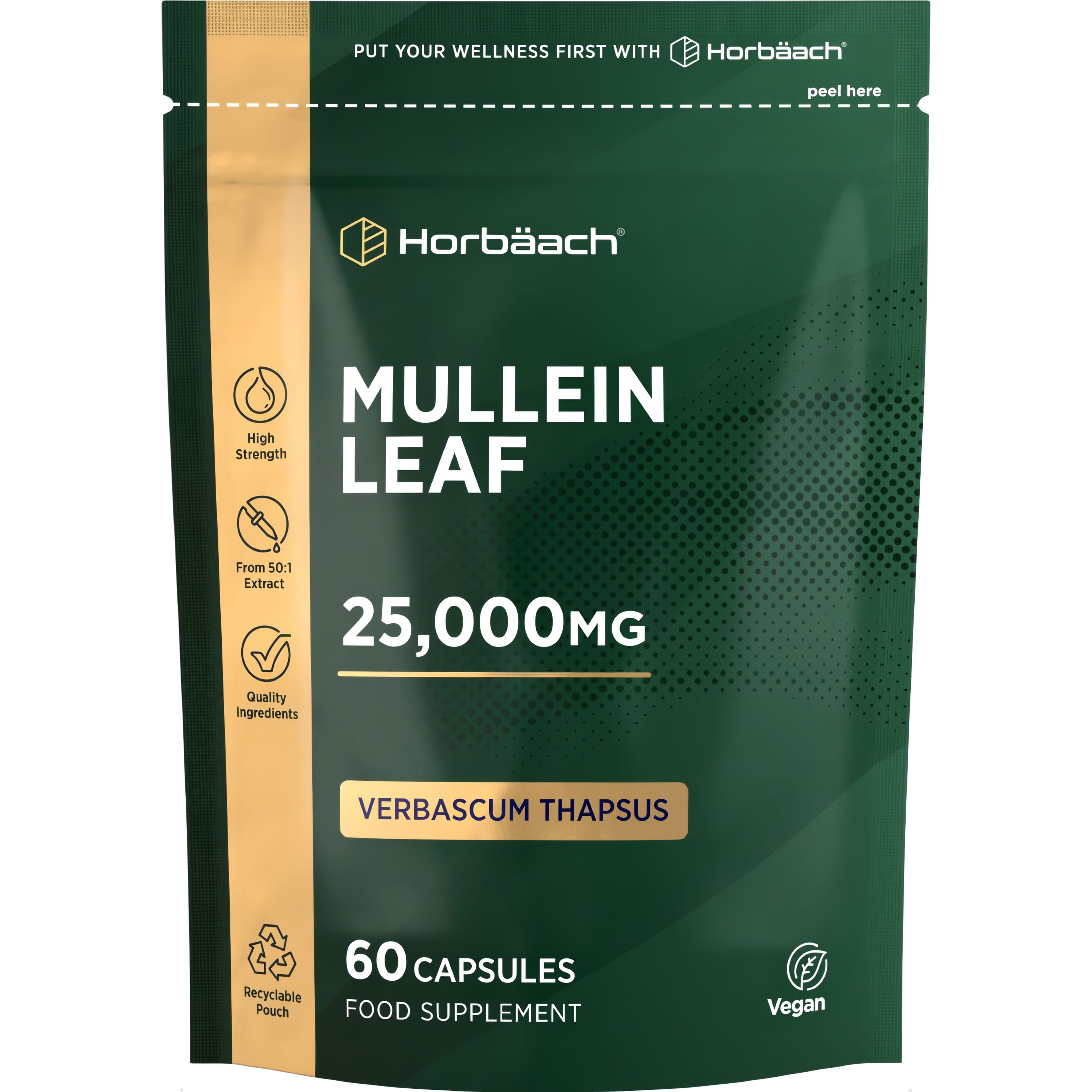 Mullein Leaf Extract 25,000mg, 60 Vegan Capsules. Verbascum Thapsus. High strength, from 50:1 extract, food supplement.