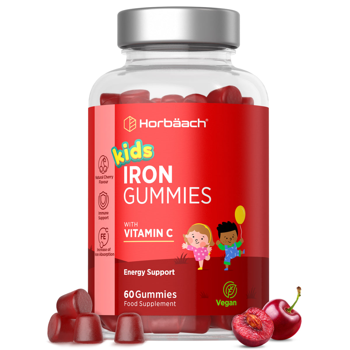 Kids Iron Gummies with Vitamin C, Cherry Flavor, 60 Vegan Gummies. Supports energy, immune system, and iron absorption.
