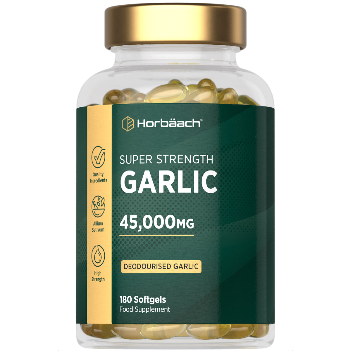 Garlic softgels supplement with super strength deodourised garlic 45,000MG, containing 180 capsules for daily health support.