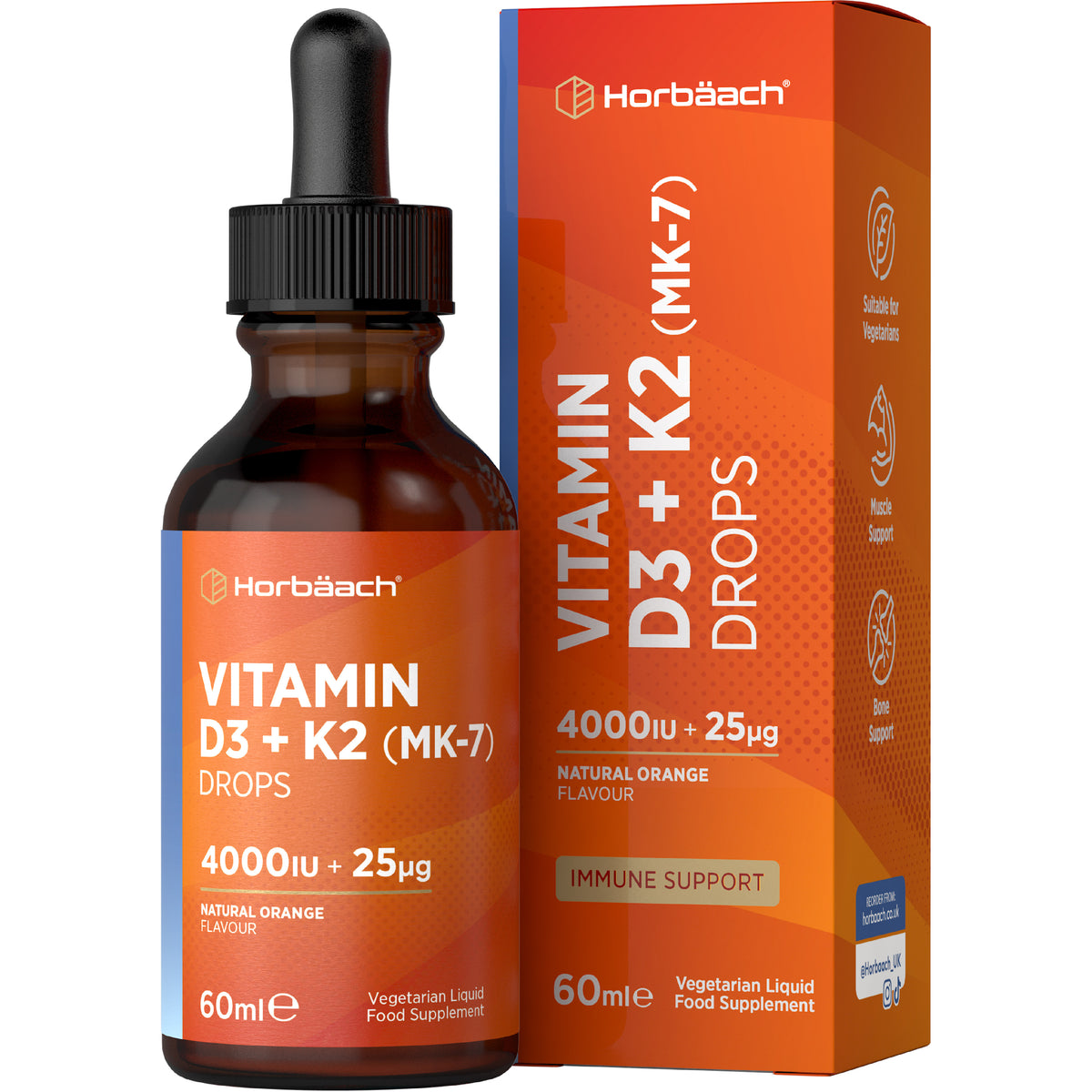 Vitamin D3 and K2 (MK-7) drops with 4000 IU and 25 µg, featuring natural orange flavor, 60ml vegetarian liquid supplement.