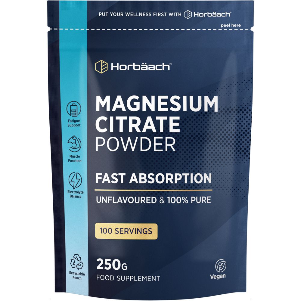 Magnesium Citrate Powder 250g, 100 servings. Unflavoured, 100% pure, vegan. Supports fatigue, muscle, electrolyte balance.