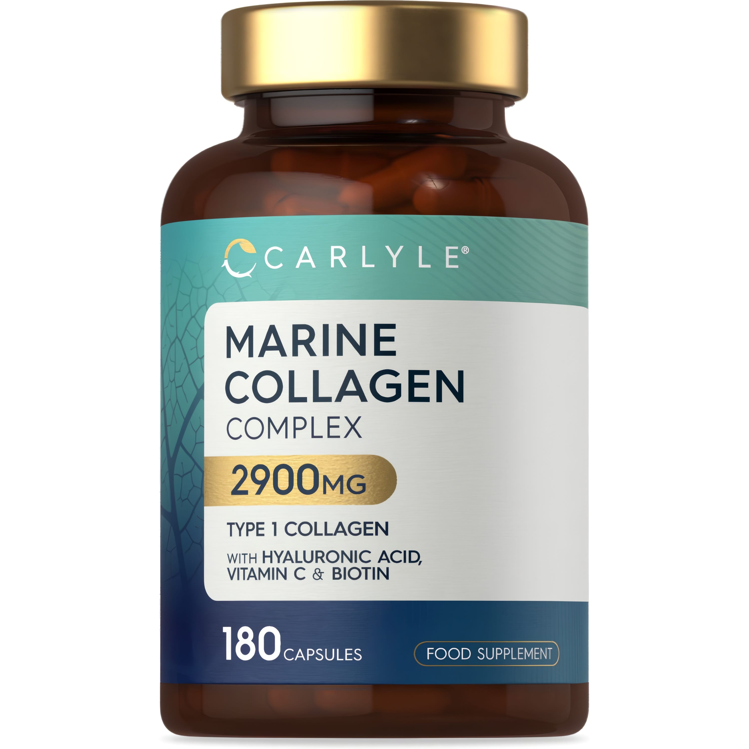 Marine Collagen Complex 2900mg, featuring Type 1 Collagen, Hyaluronic Acid, Vitamin C, and Biotin, 180 capsules.