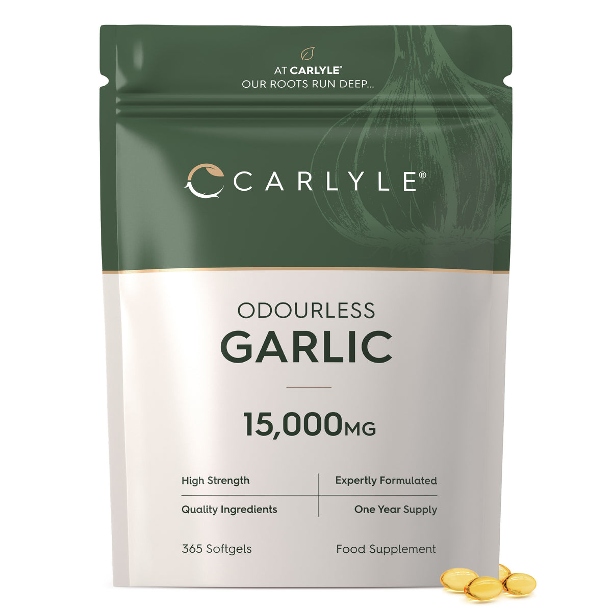 Carlyle Odourless Garlic 15,000MG, 365 Softgels bottle with some softgels spilled out, food supplement.