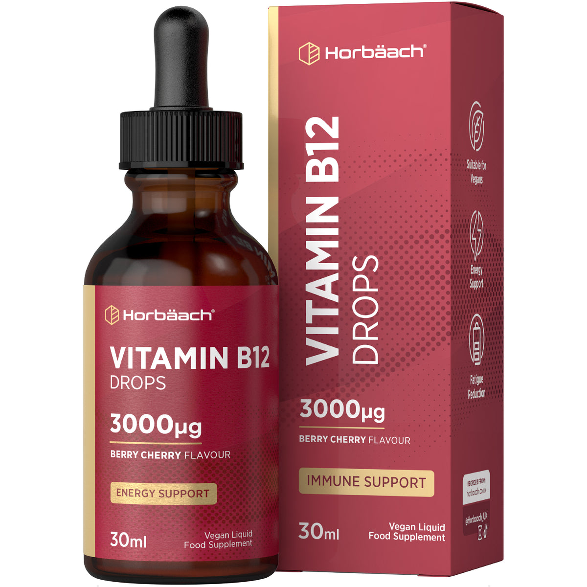 Vitamin B12 Drops, 3000µg, 30ml liquid with Berry Cherry Flavour. Vegan Liquid Food Supplement for Energy Support.