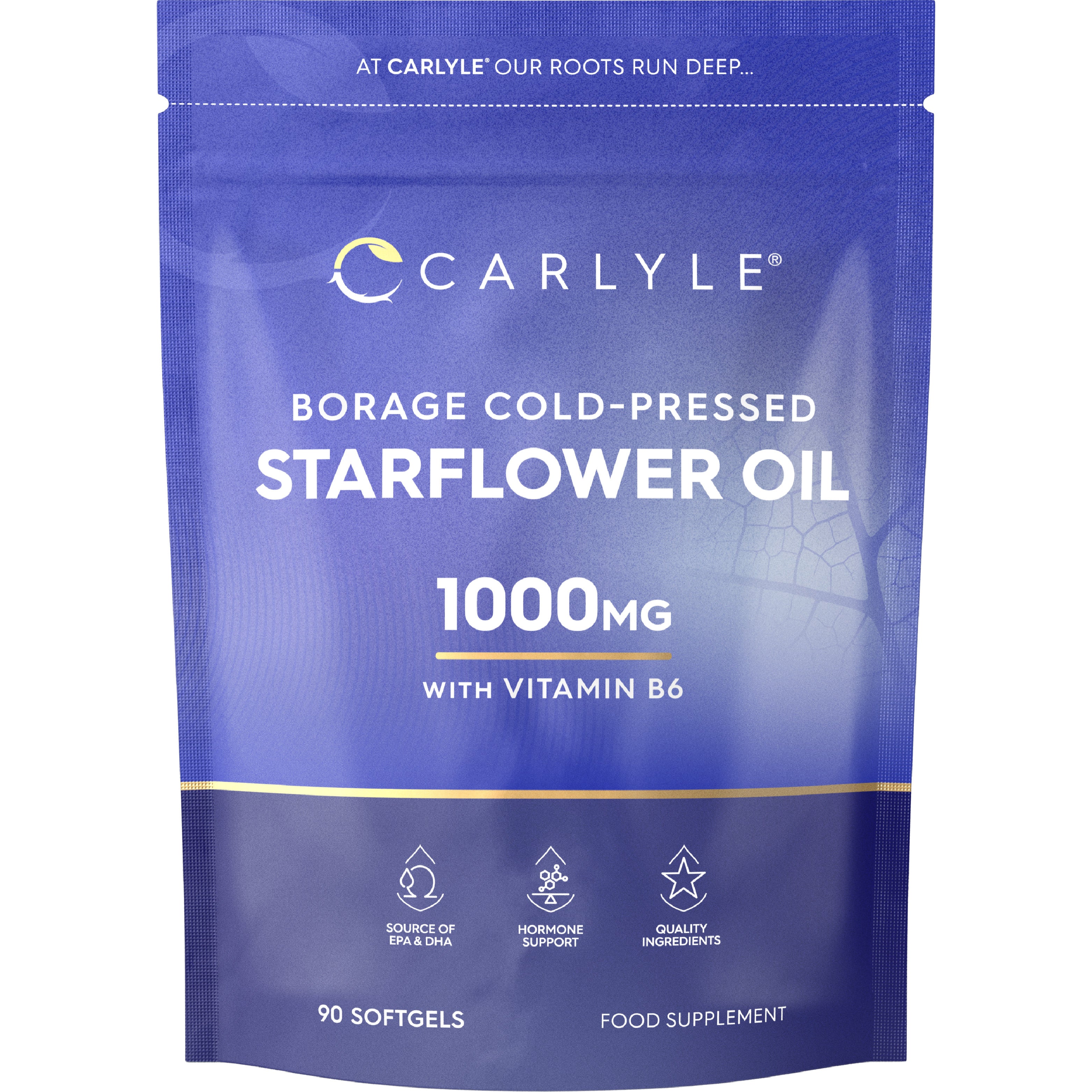Carlyle Borage Cold-Pressed Starflower Oil 1000MG with Vitamin B6, 90 Softgels, food supplement for health.