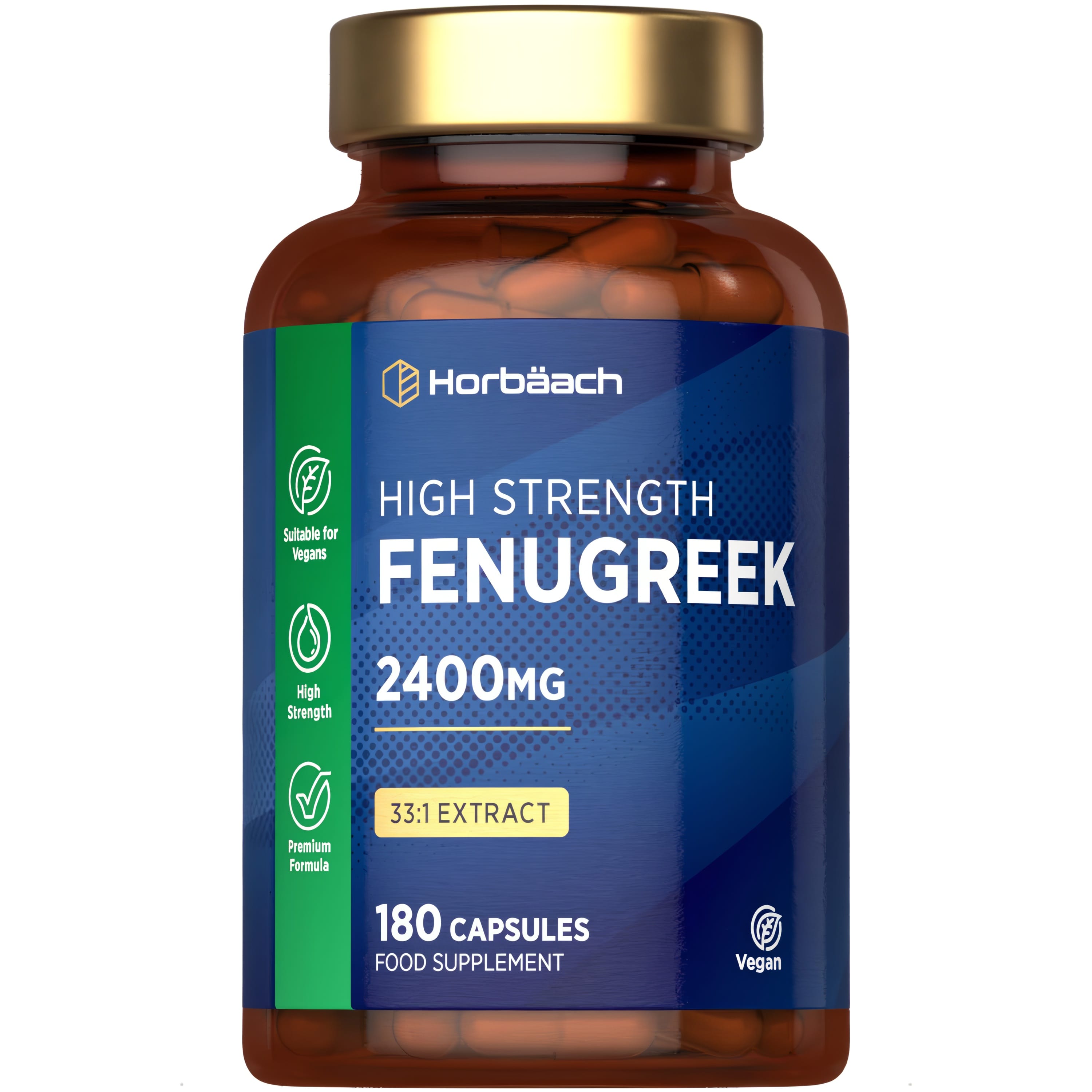 High Strength Fenugreek 2400mg 33:1 Extract with 180 capsules, a vegan food supplement.