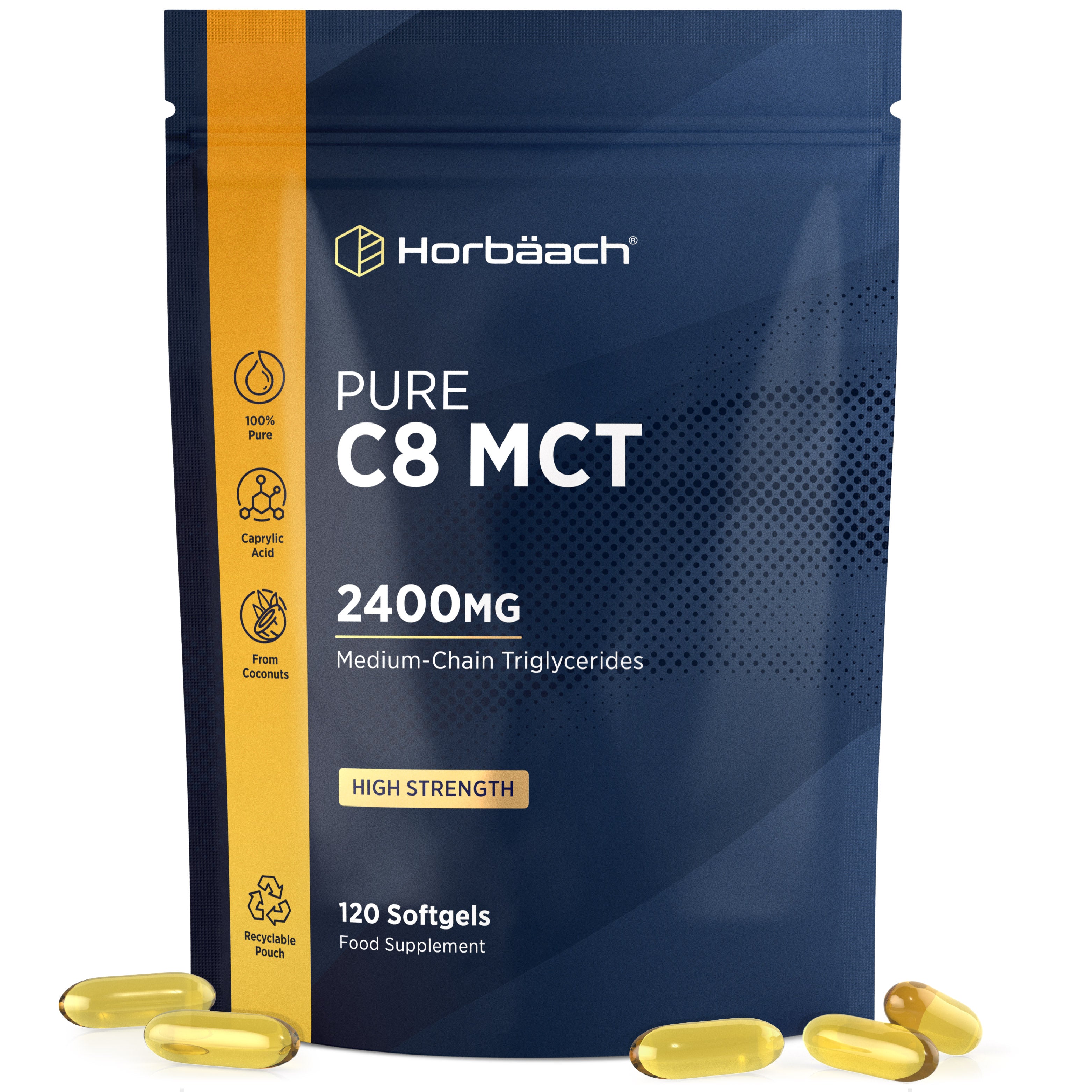Pure C8 MCT 2400mg Medium-Chain Triglycerides, 120 softgels with high strength, 100% pure caprylic acid from coconuts.