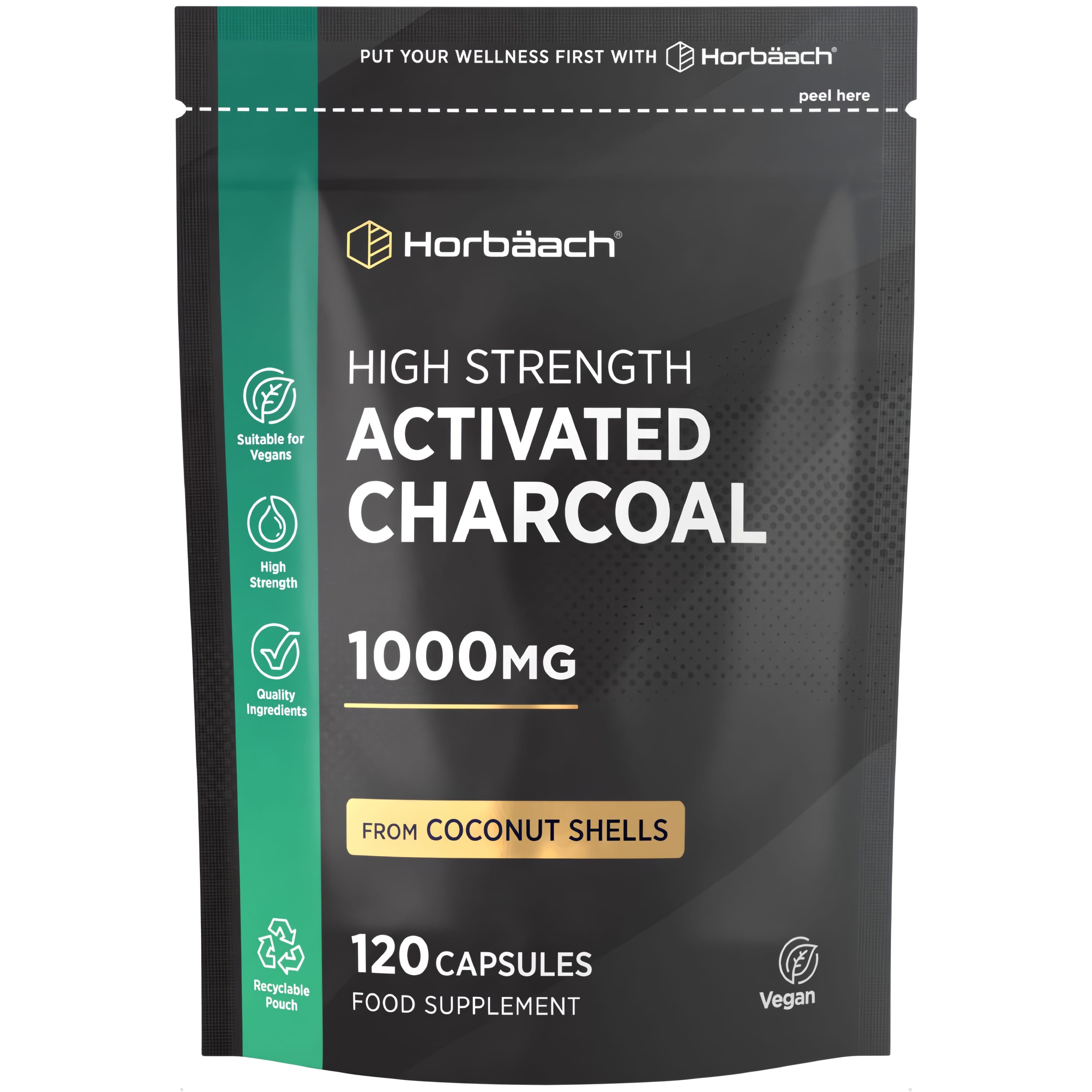 HU Activated Charcoal 1000mg 120 Capsules, high strength from coconut shells, vegan supplement in a recyclable pouch.