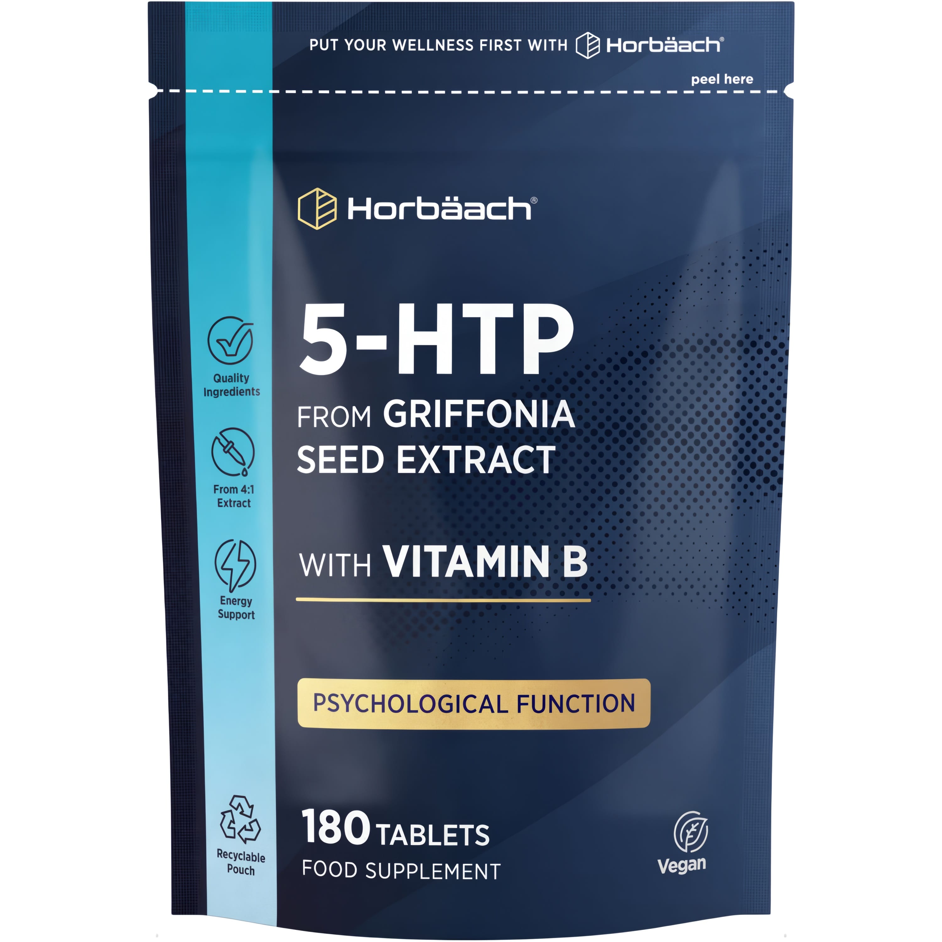 Horbäach 5-HTP from Griffonia seed extract with vitamin B, 180 tablets, vegan food supplement.