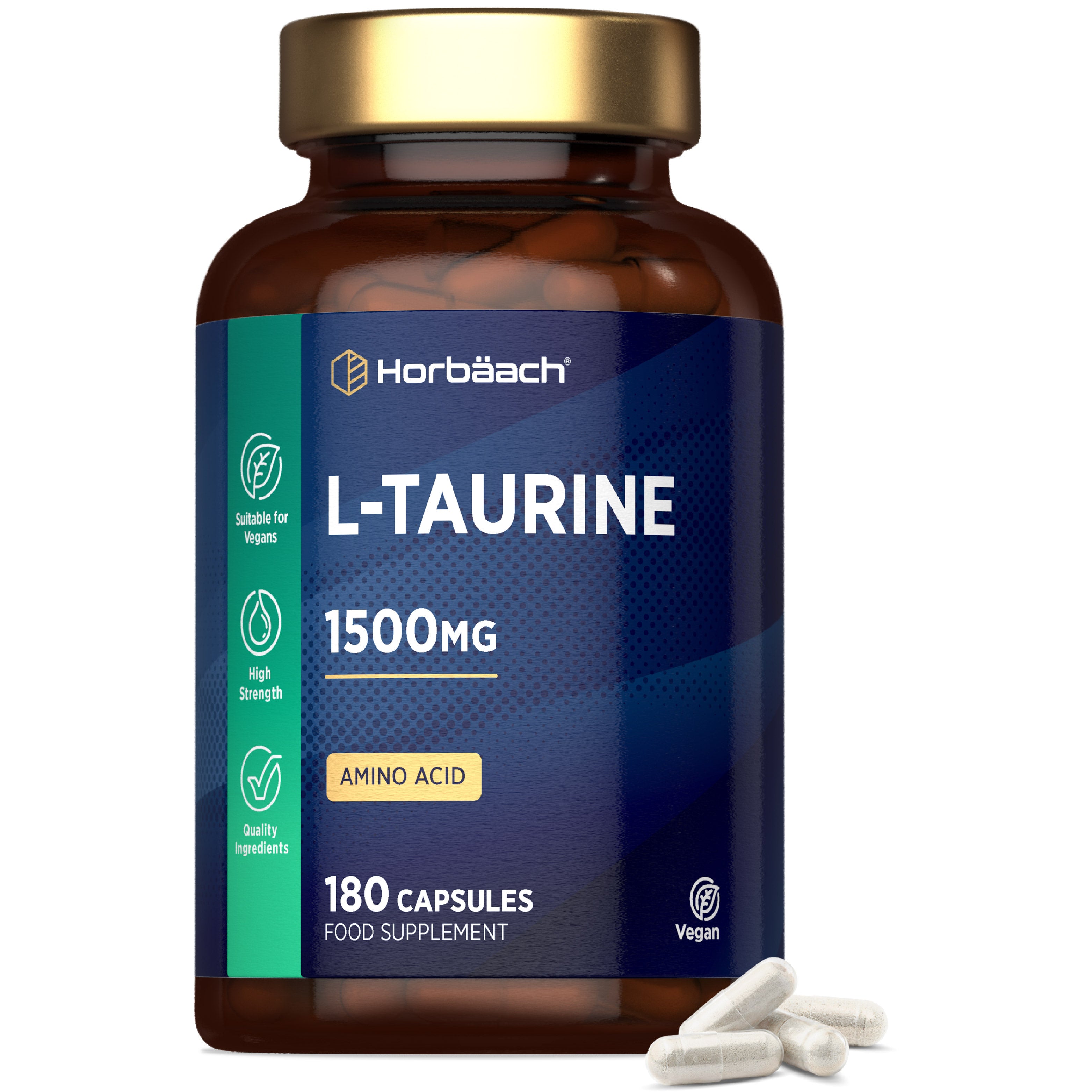 L-Taurine supplement with 1500mg dosage and 180 capsules per bottle.