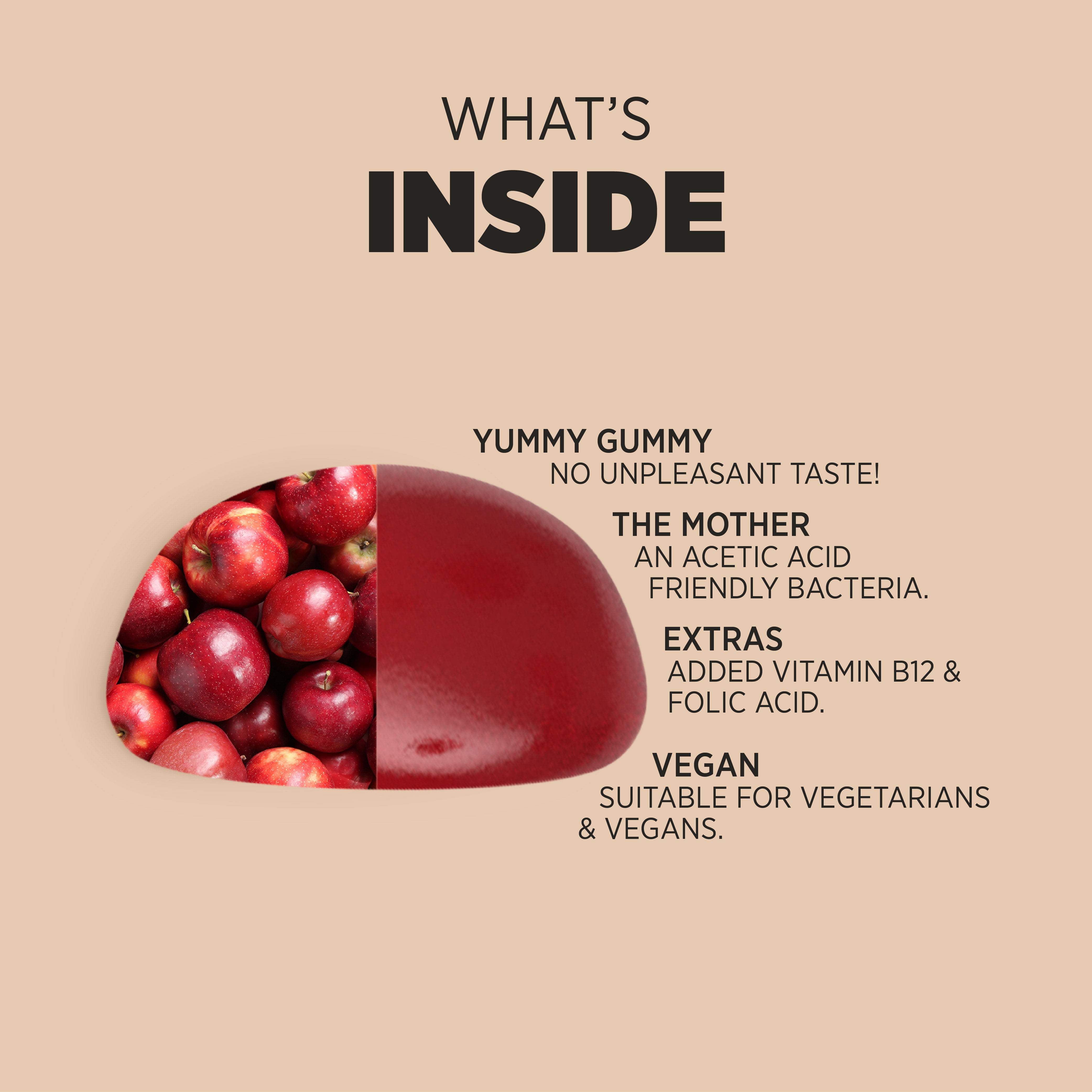 Product highlights graphic stating Yummy Gummy, no unpleasant taste, The Mother, acetic acid friendly bacteria, Extras, B12 & Folic Acid, Vegan for vegetarians/vegans.