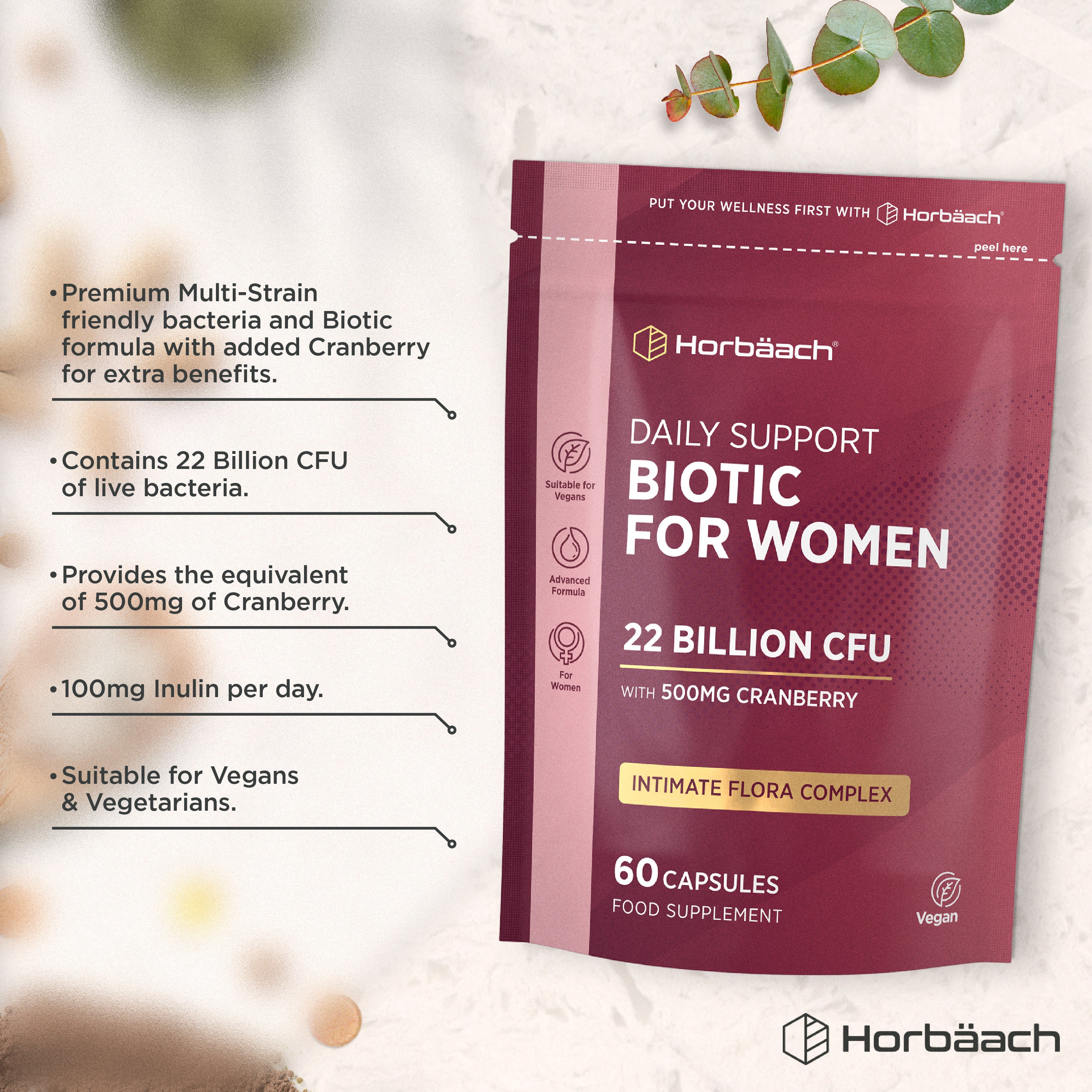 Horbaach Daily Support Biotic for Women, 22 Billion CFU with 500mg Cranberry, 60 Capsules, Vegan Food Supplement.