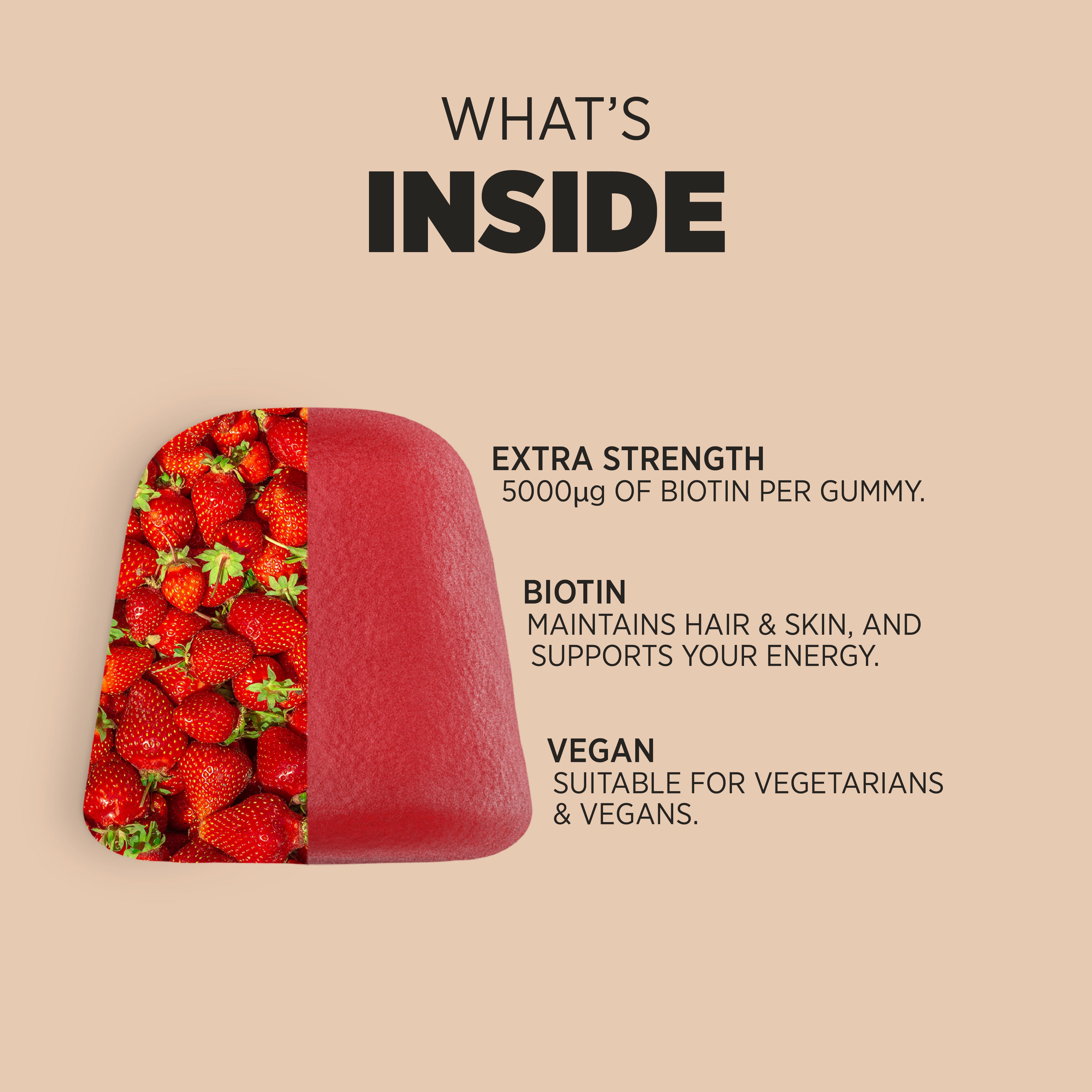 Product highlights graphic stating 5000µg BIOTIN PER GUMMY, Biotin: maintains hair, skin, & energy, Vegan: for vegetarians & vegans.